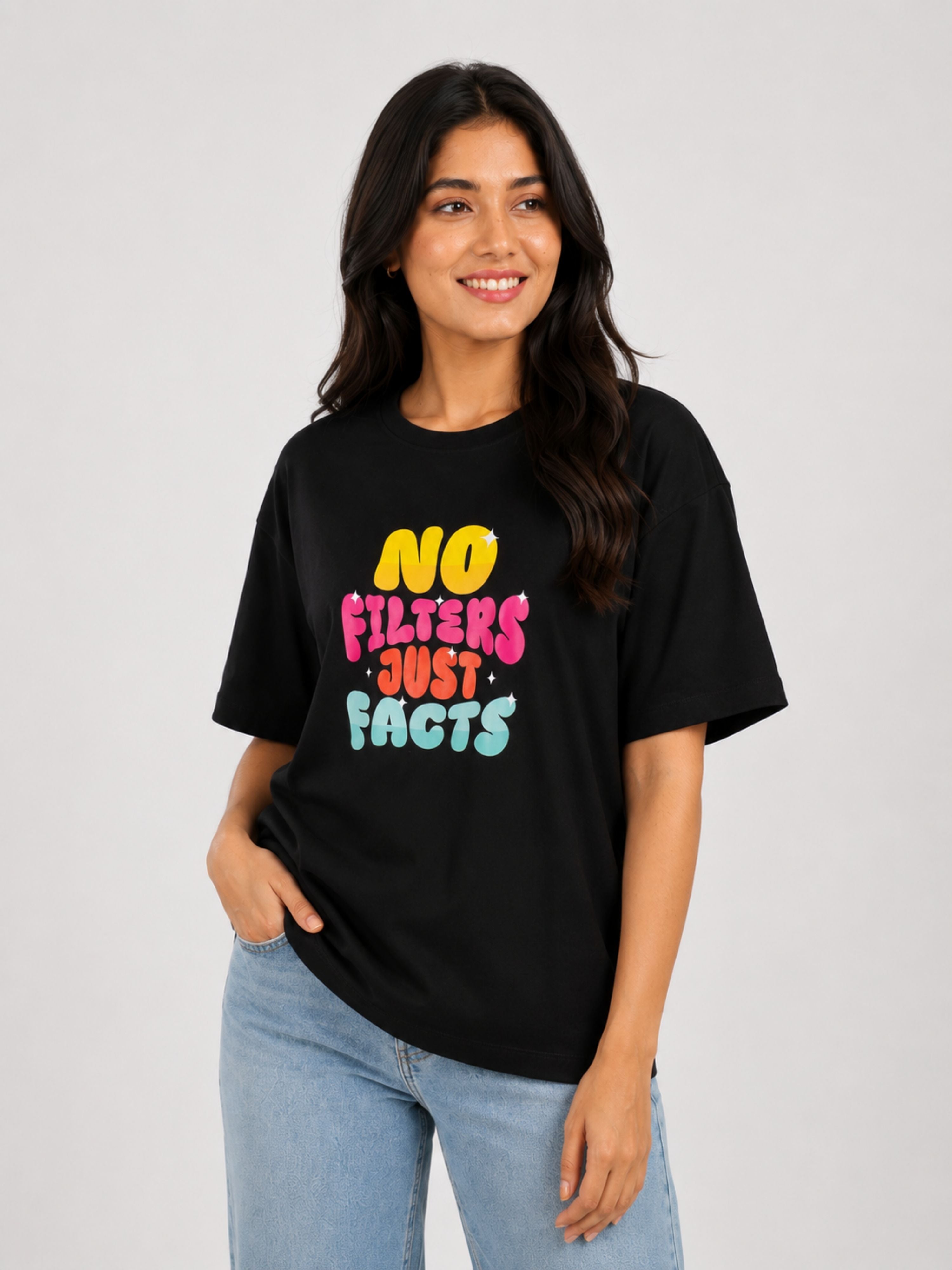 Oversized fit black Journalists T-shirt For Women with colorful No Filters Just Facts print