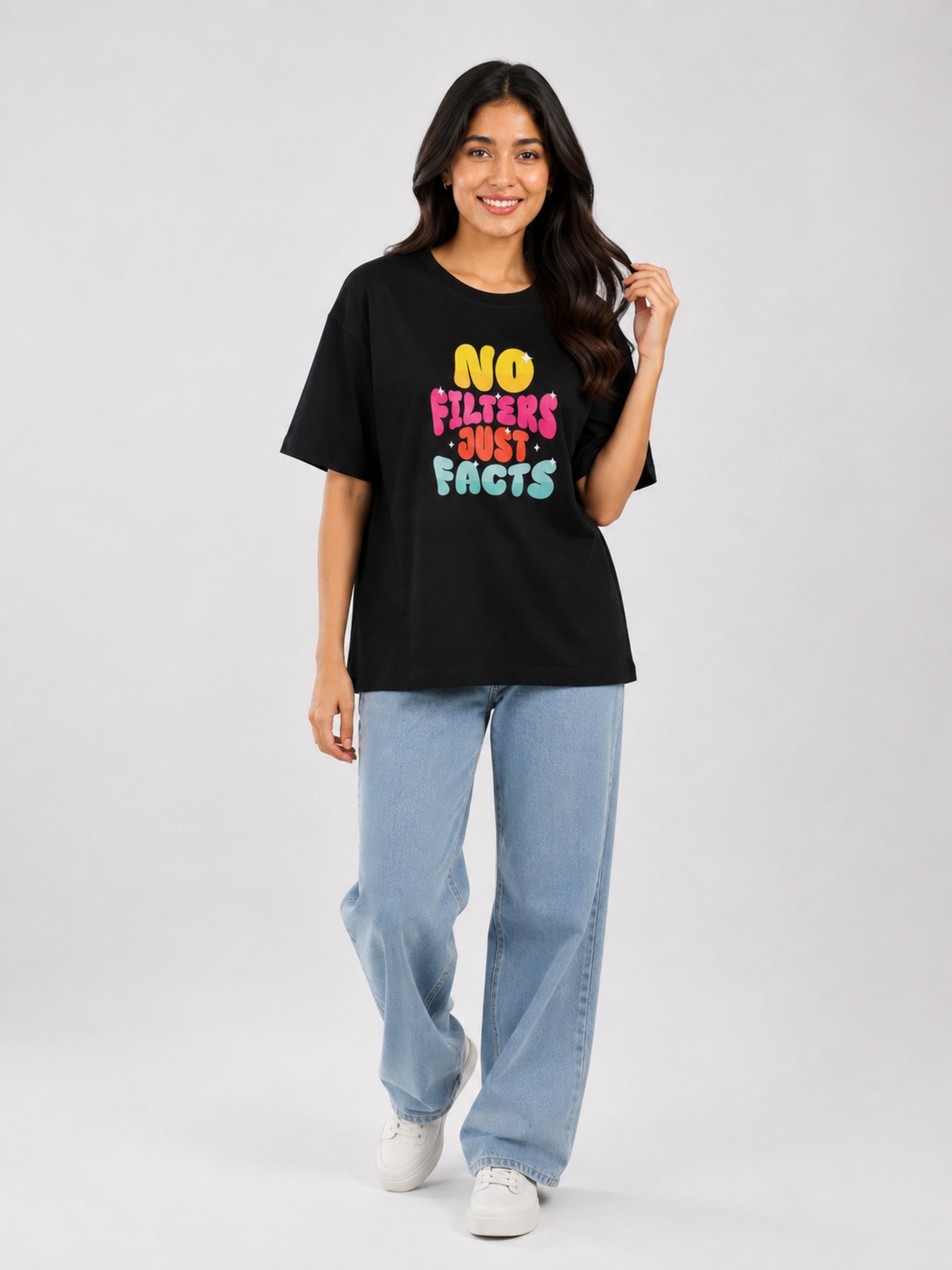 Black oversized fit Journalists T-shirt For Women with colorful No Filters Just Facts print