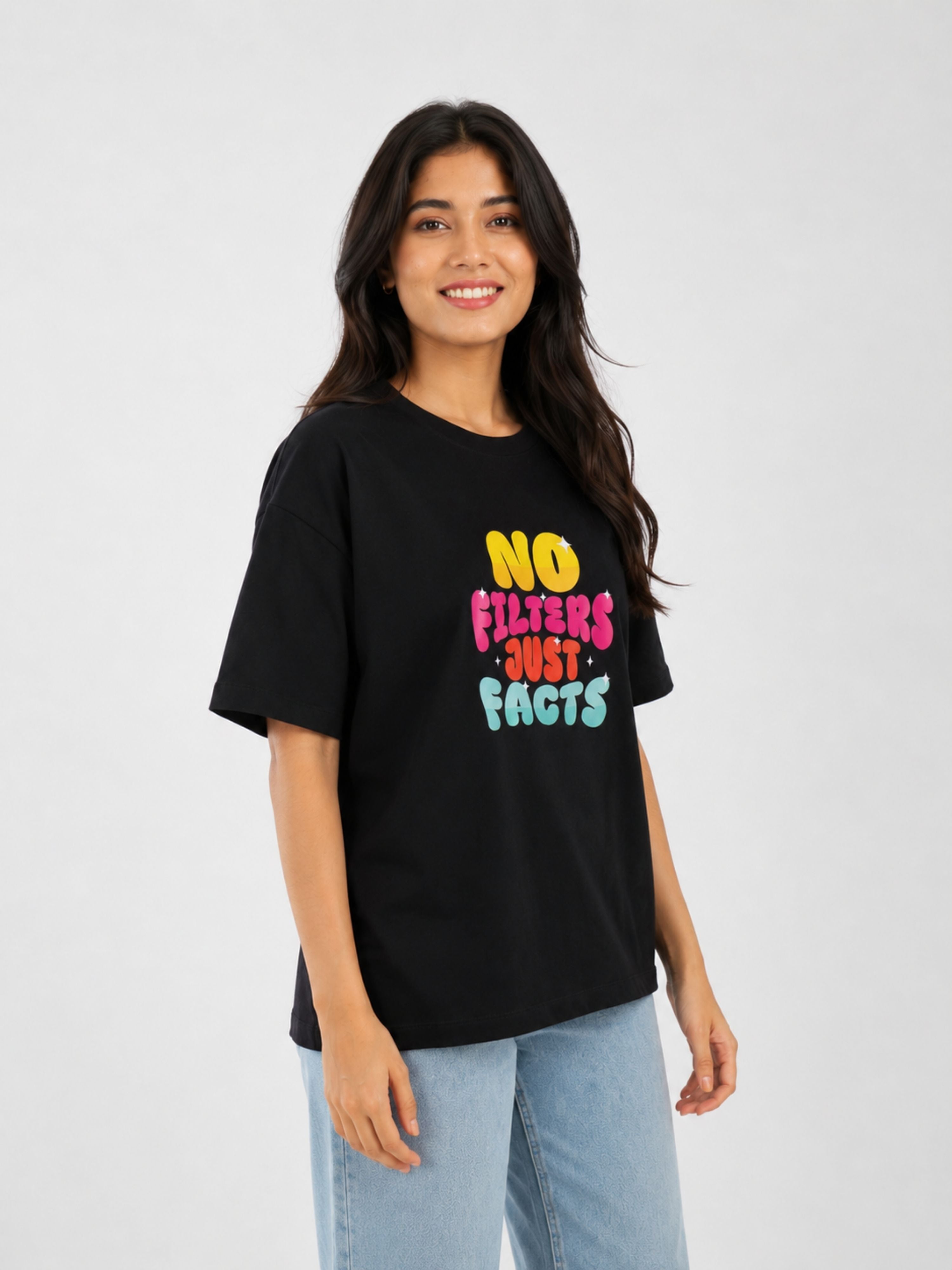 Bandar Baant Collections oversized fit black Journalists T-shirt For Women with colorful no filters just facts print
