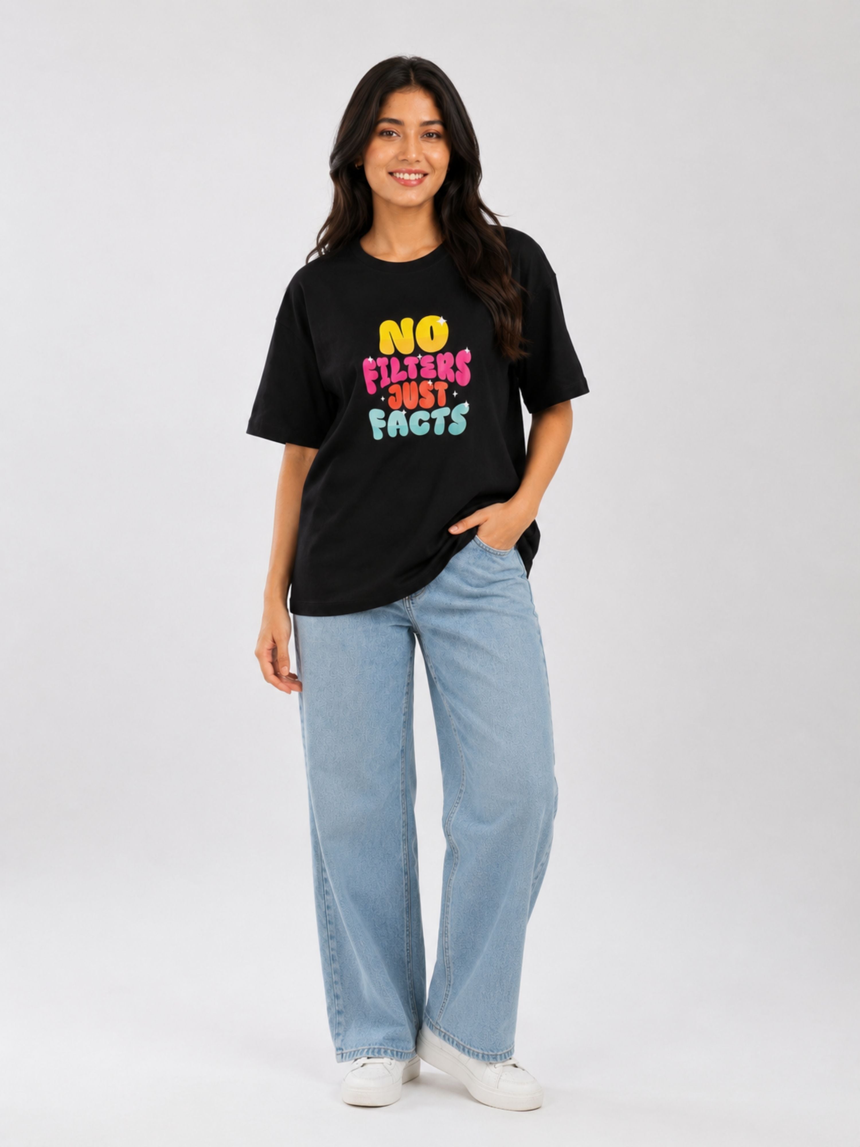 Black oversized fit Journalists T-shirt For Women with colorful text no filters just facts