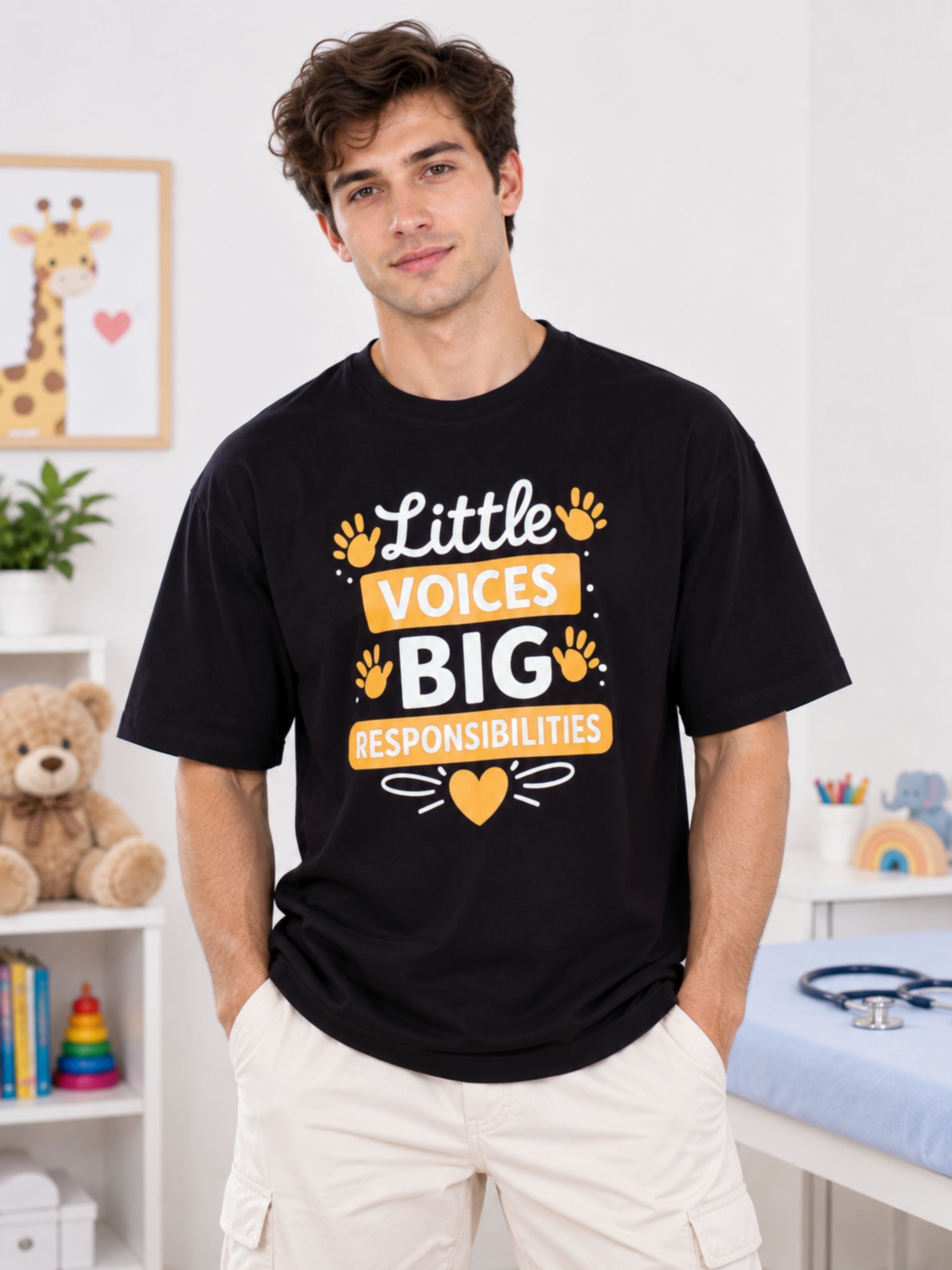 Paediatrician Trendy Tshirt For Men oversized fit black tshirt with Little Voices Big Responsibilities print