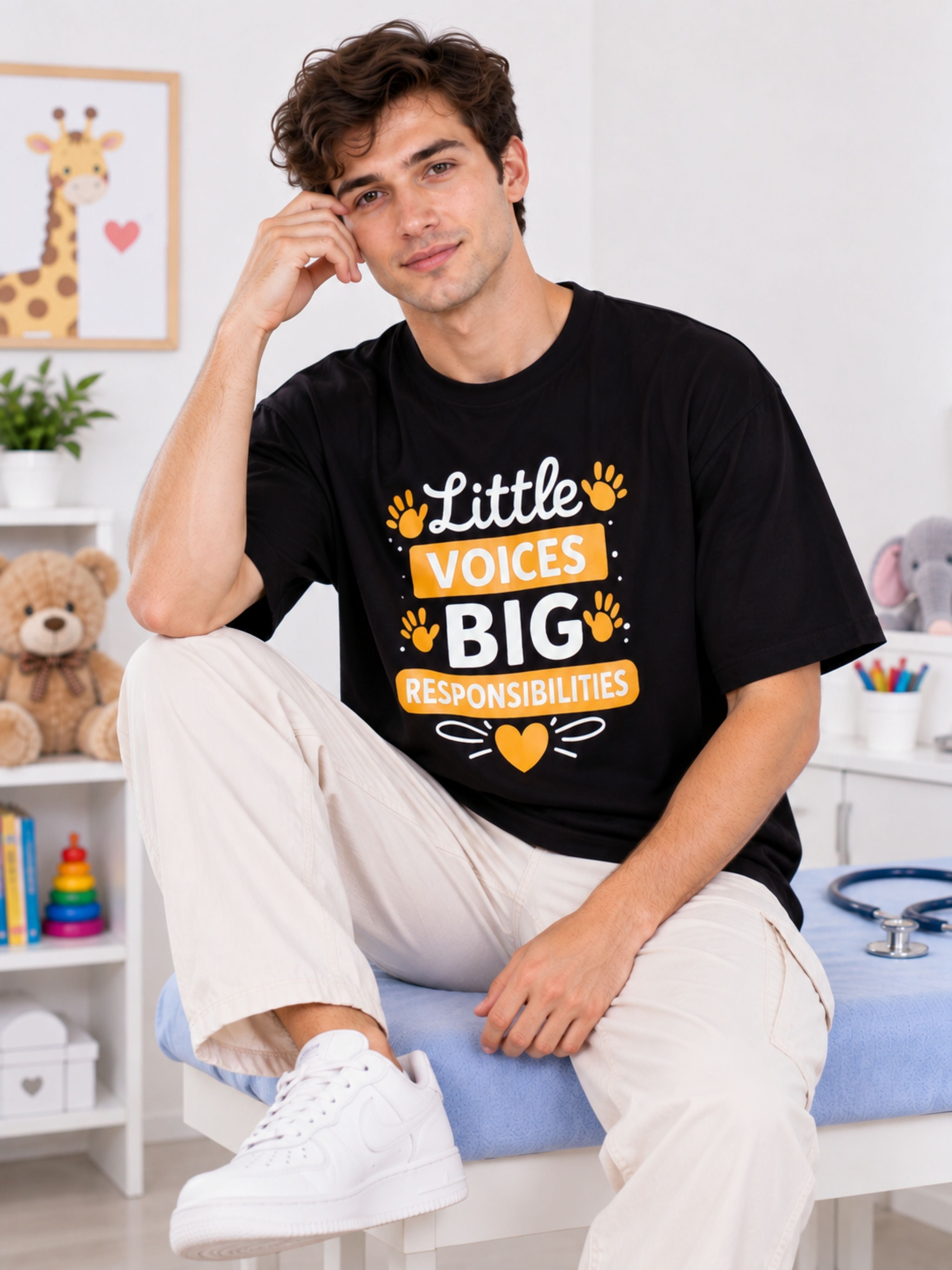 Paediatrician Trendy Tshirt For Men oversized fit black t-shirt with white and orange text worn by man