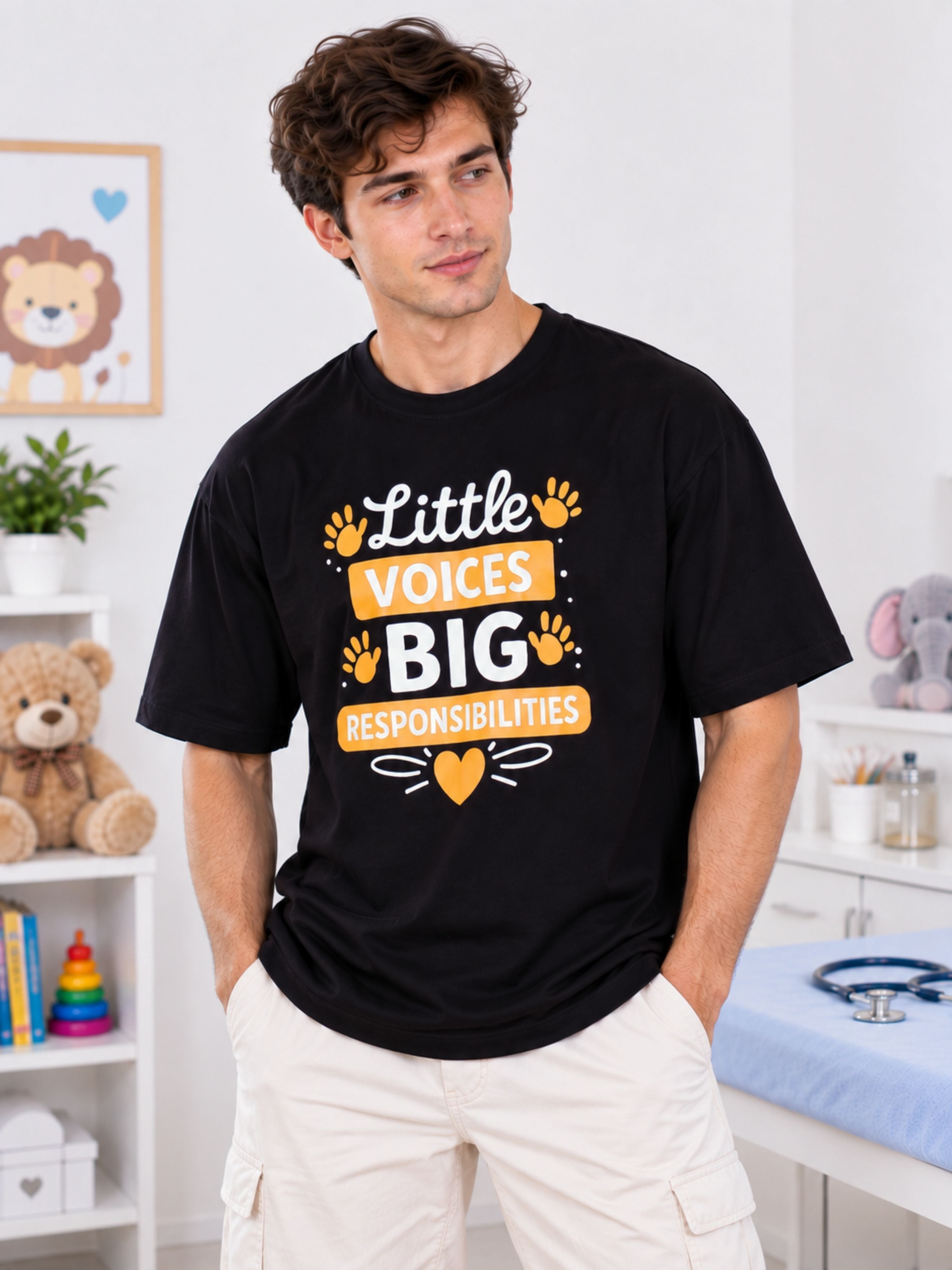Paediatrician Trendy Tshirt For Men oversized fit black Tshirt with Little Voices Big Responsibilities text