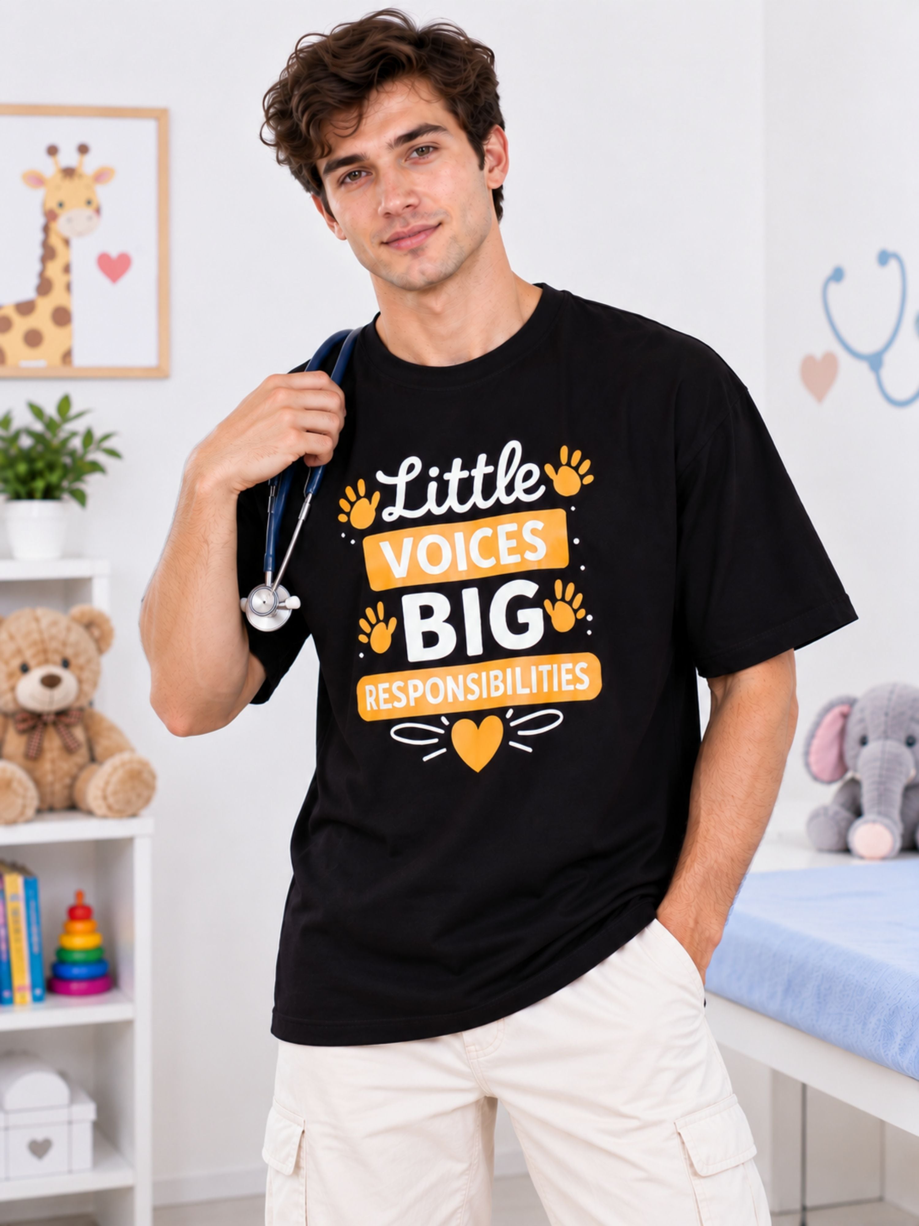 Paediatrician Trendy Tshirt For Men oversized fit black tee with Little Voices Big Responsibilities print