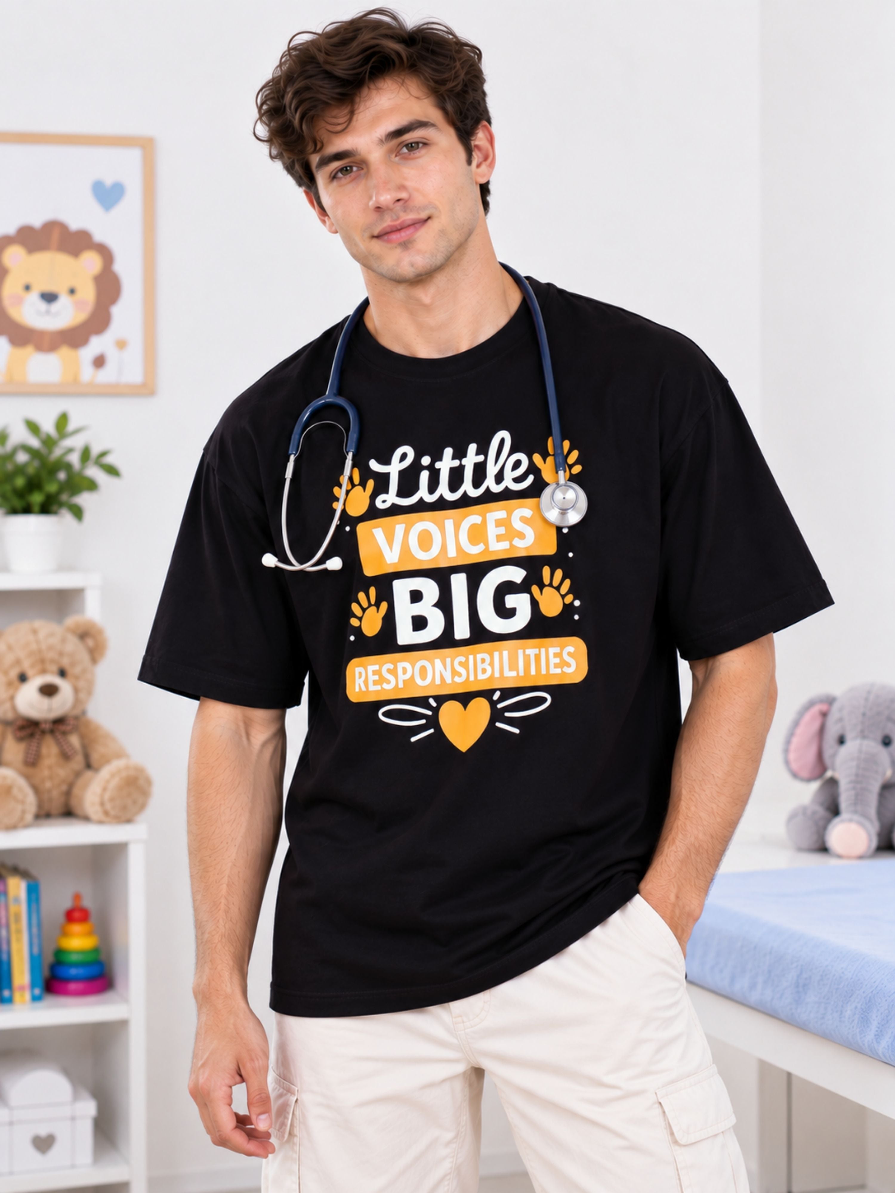 Paediatrician Trendy Tshirt For Men black oversized fit tshirt with pediatric print worn by male model