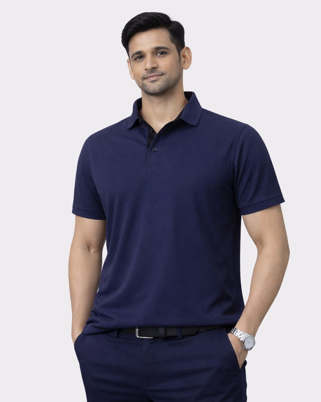Polo T-shirt For Men Navy Polyster oversized fit by Bandar Baant Collections with short sleeves and buttoned collar