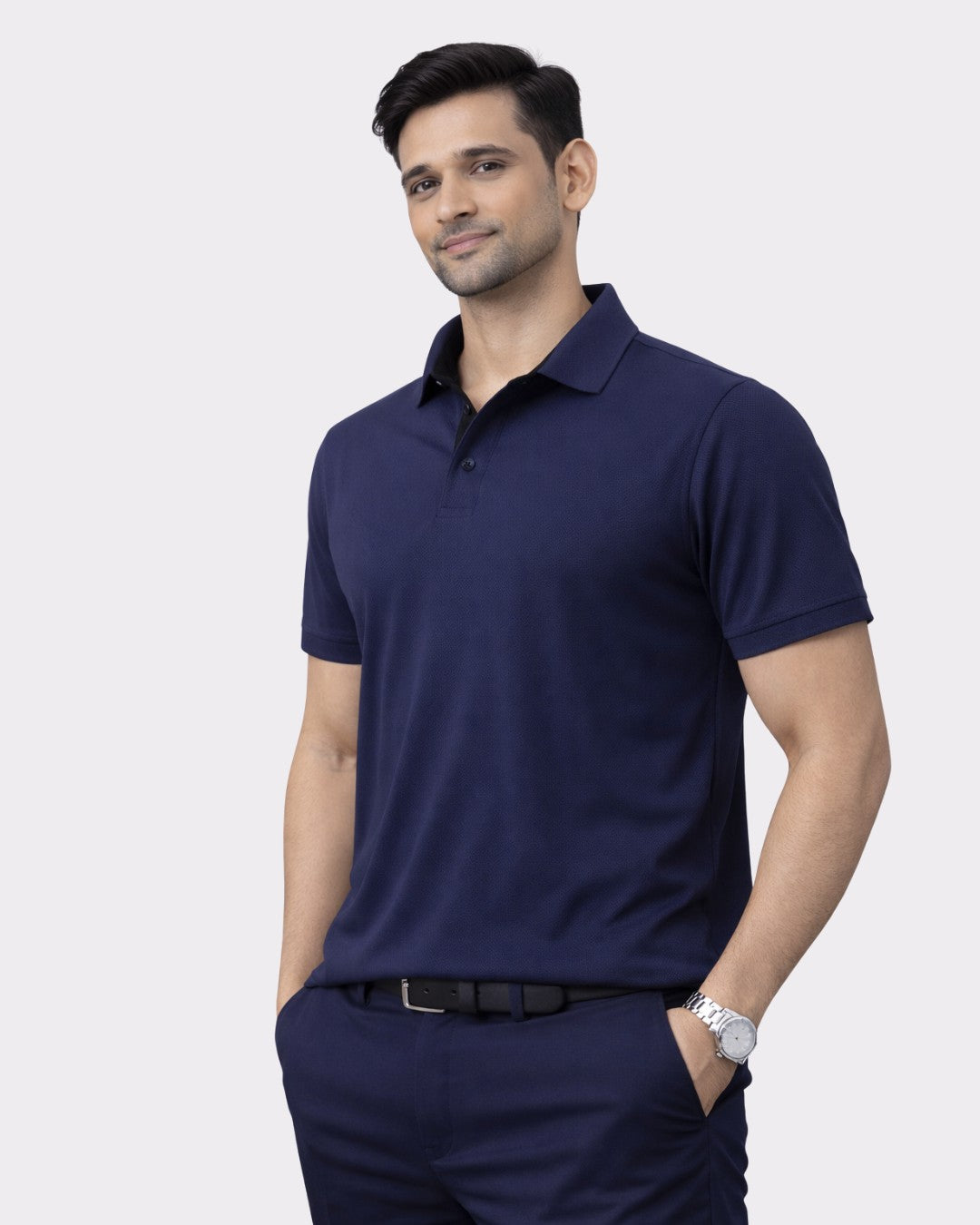 Man wearing Polo T-shirt For Men Navy Polyster oversized fit tshirt from Bandar Baant Collections