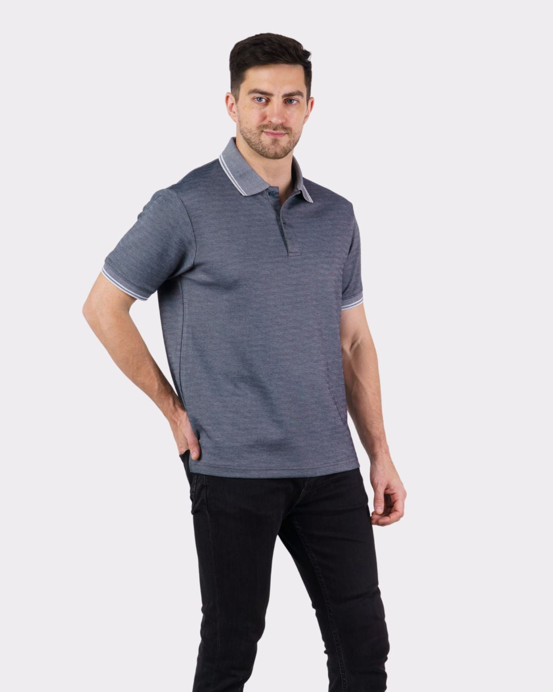 Bandar Baant Collections Premium Polo T-Shirt for Men in oversized fit gray with striped collar and cuffs