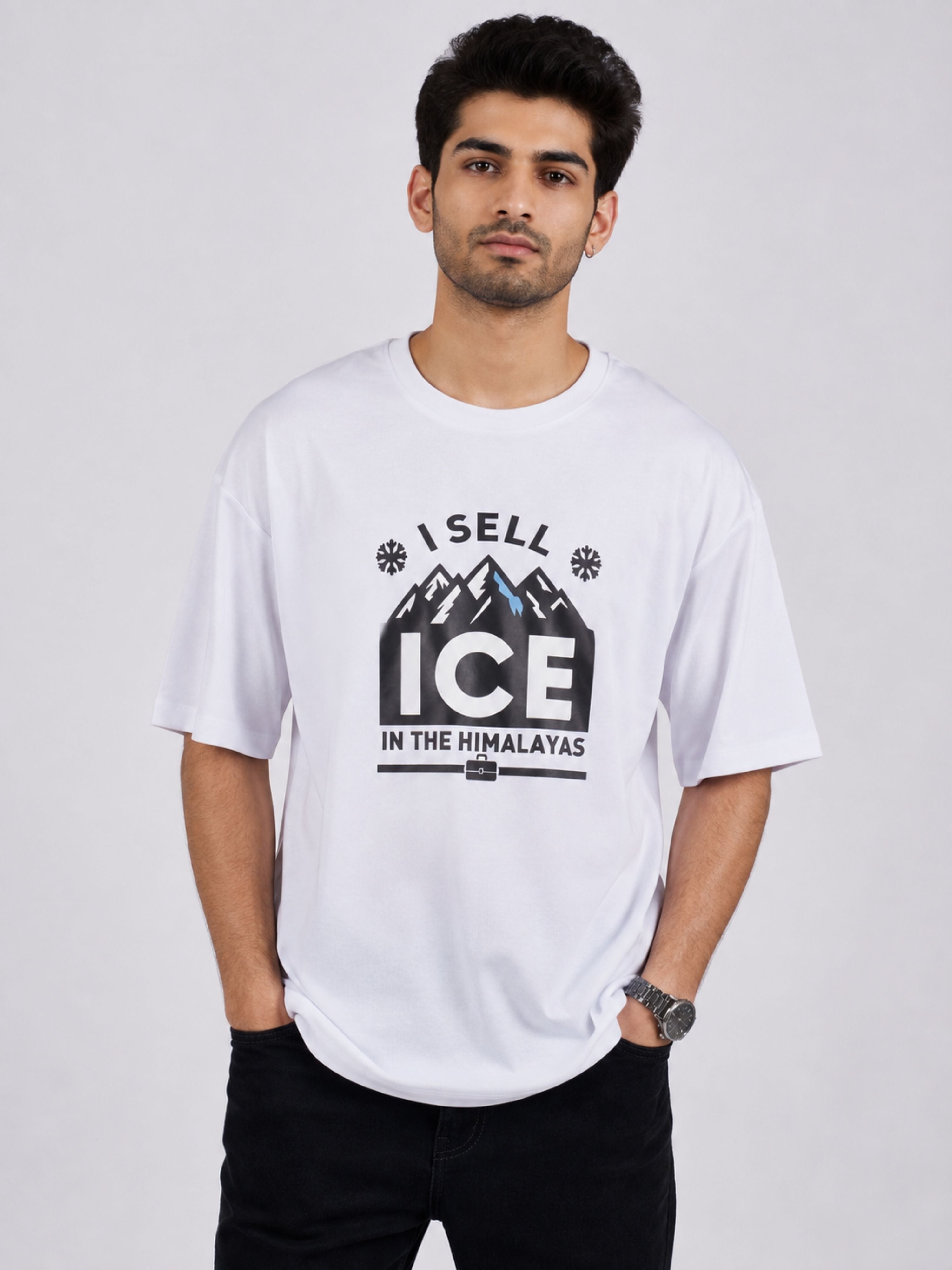 Sales Executive Oversized Tshirt For Men white with bold mountain graphic and text I Sell Ice in the Himalayas
