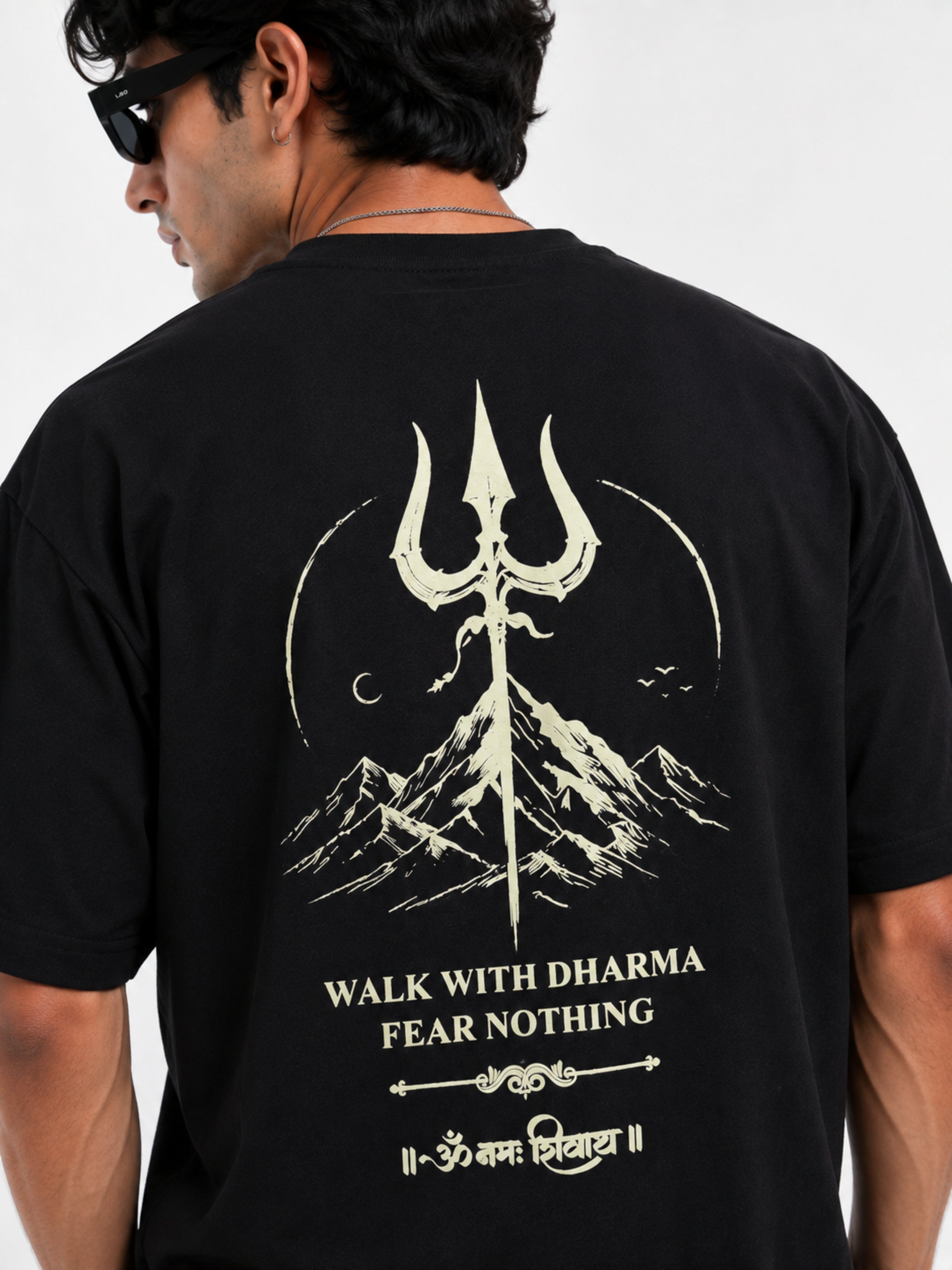 Black oversized fit Sanatan Dharma Om Namah Shivay T-shirt For Men with trident and mountain design