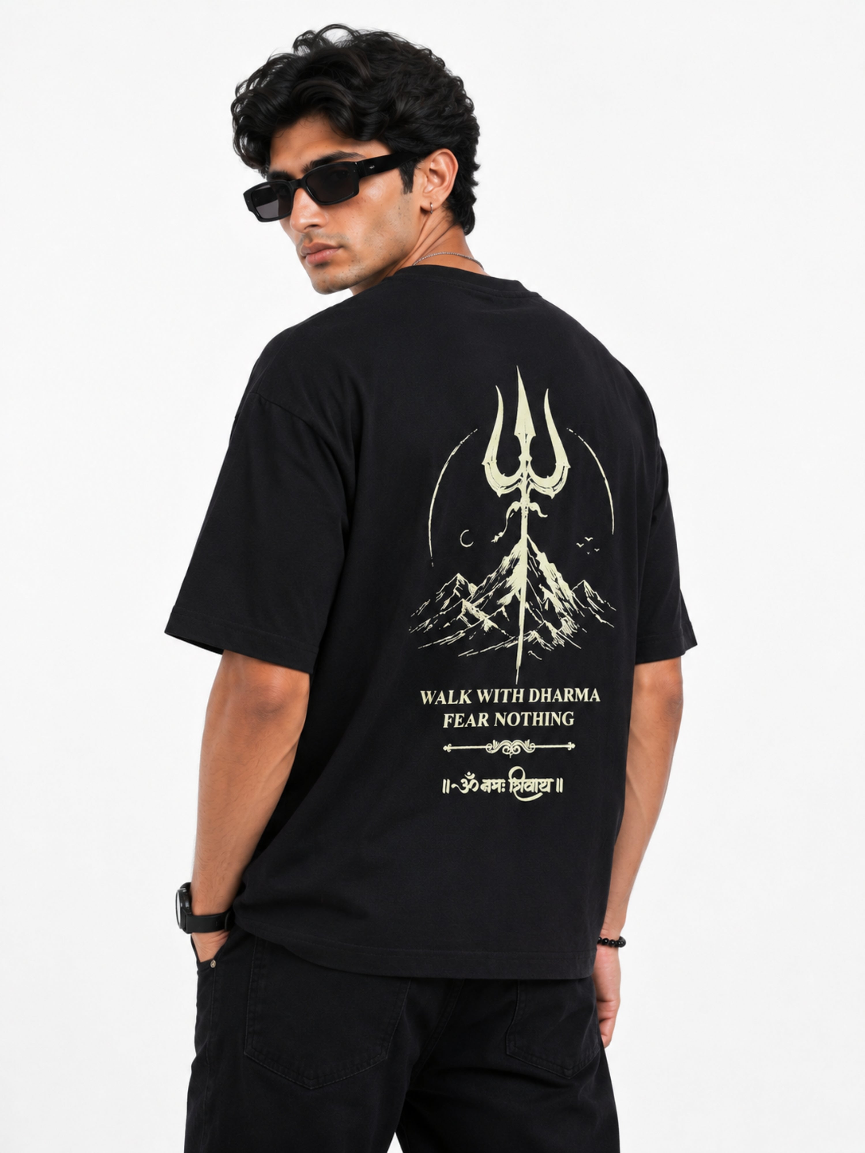 Sanatan Dharma Om Namah Shivay T-shirt For Men oversized fit black tee with trident and mountain design