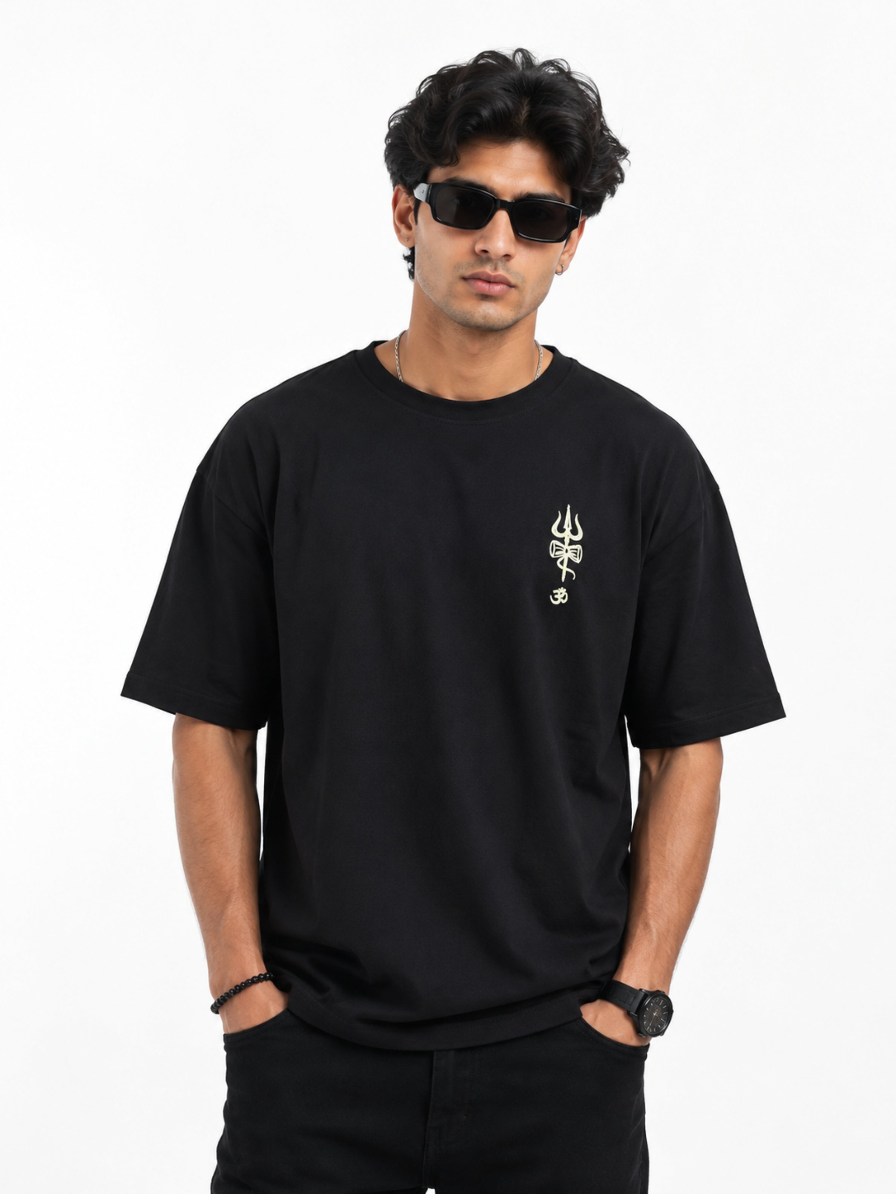 Sanatan Dharma Om Namah Shivay T-shirt For Men oversized fit black Tshirt with Trishul design by Bandar Baant Collections