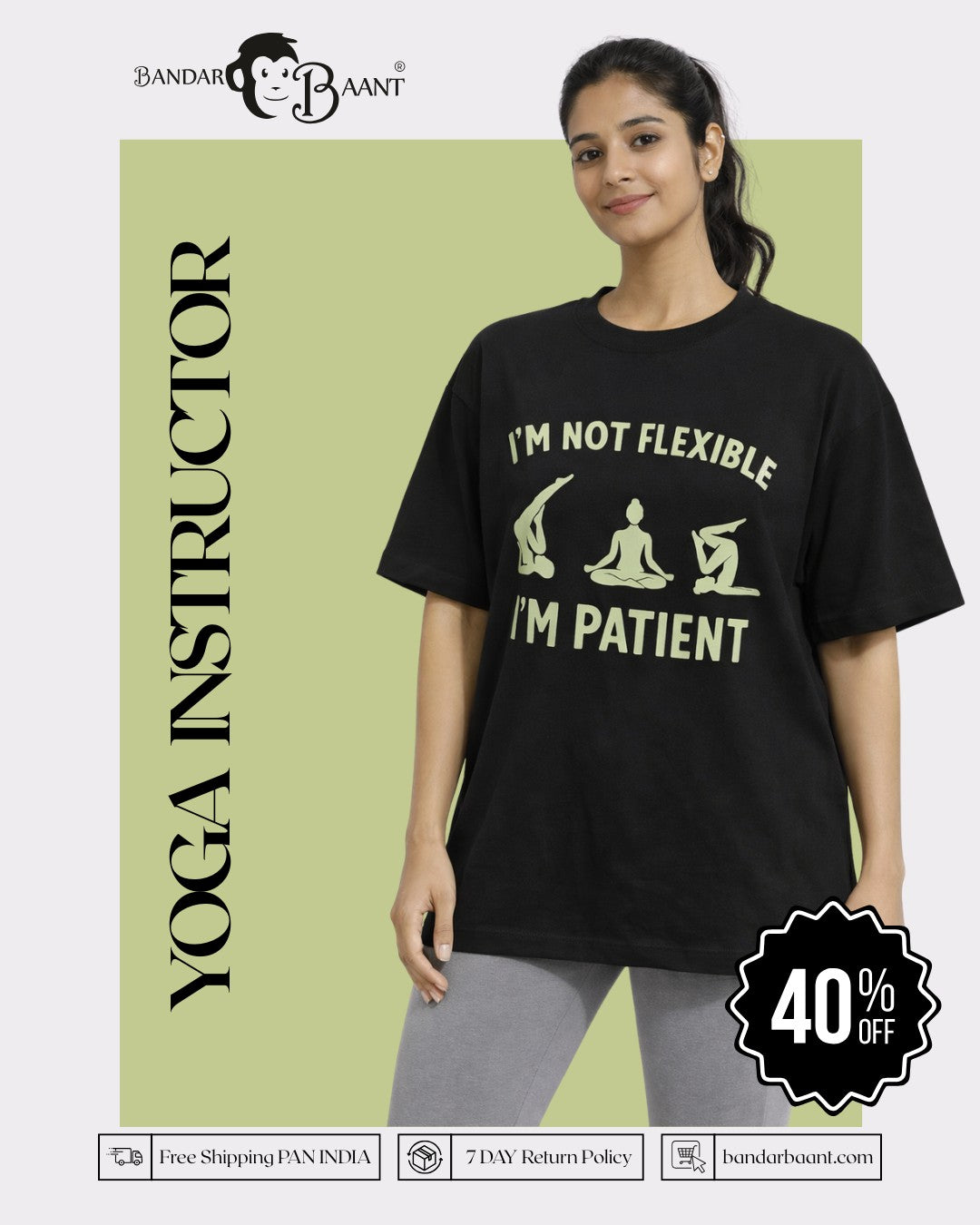 Yoga Instructor Oversized T-shirt For Women in black with patience print and relaxed fit by Bandar Baant Collections