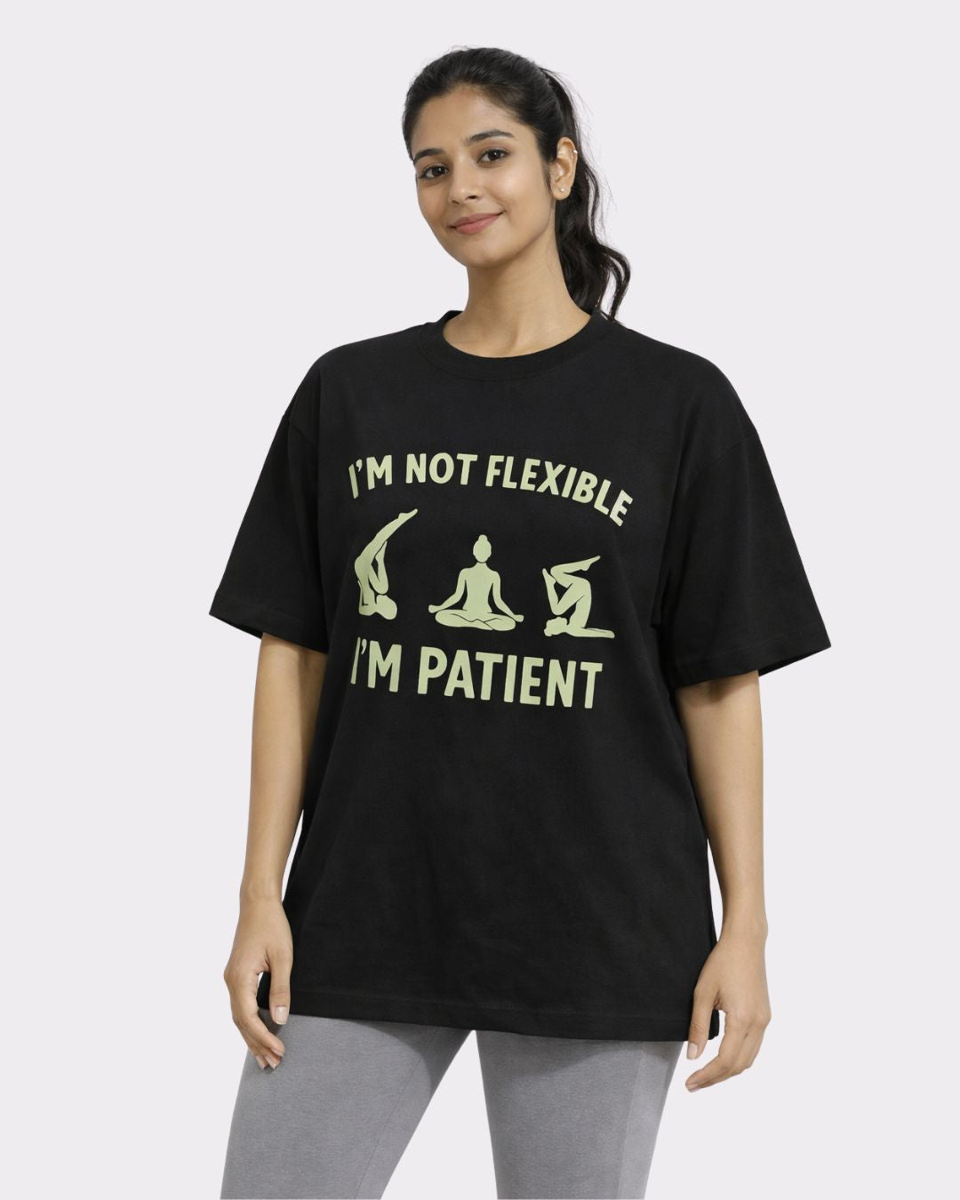 Yoga Instructor Oversized T-shirt For Women in black with yoga pose graphic and patient quote