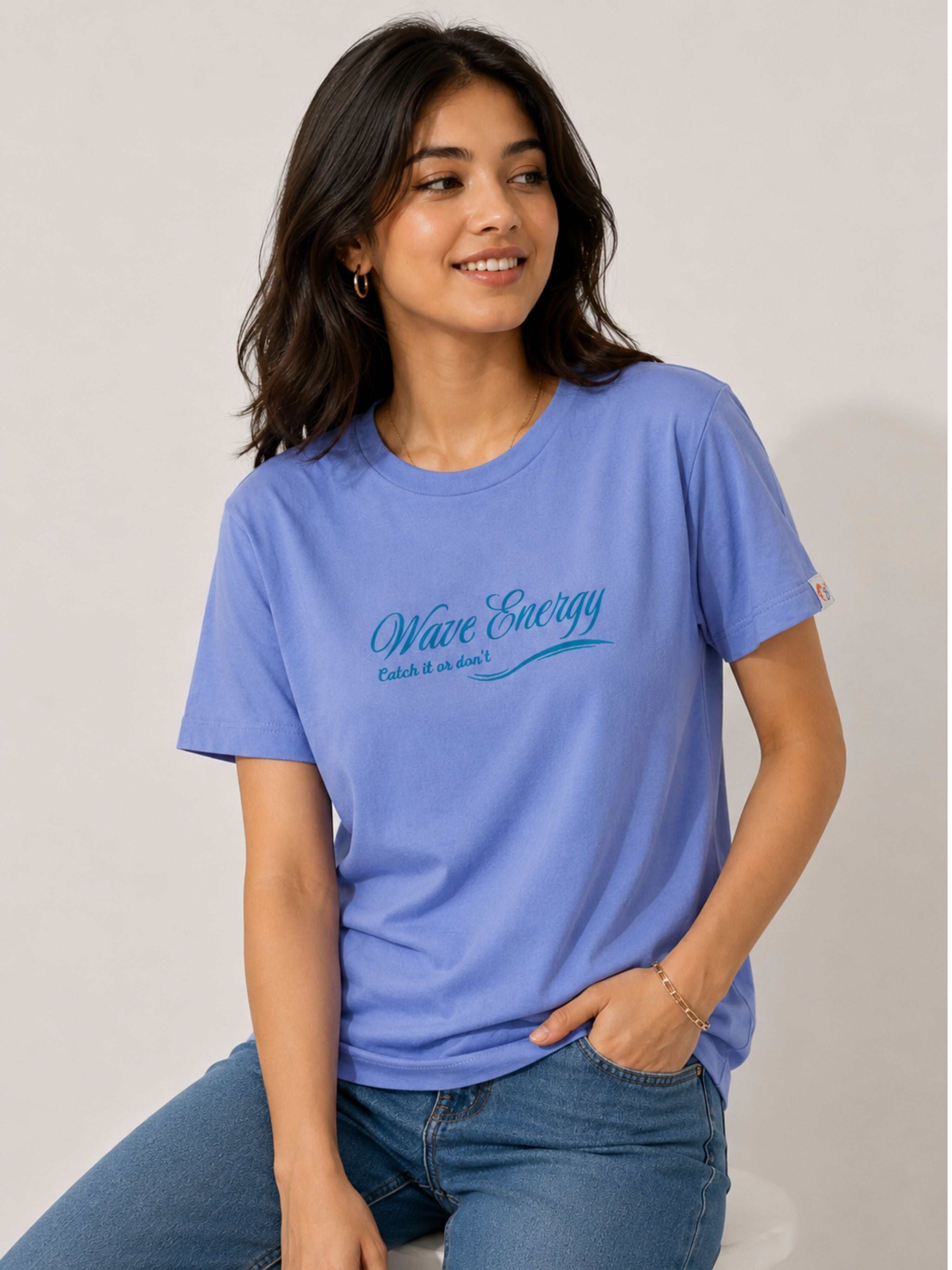 Bandar Baant Collections Regular Fit T-Shirt for Women in light purple with Wave Energy graphic
