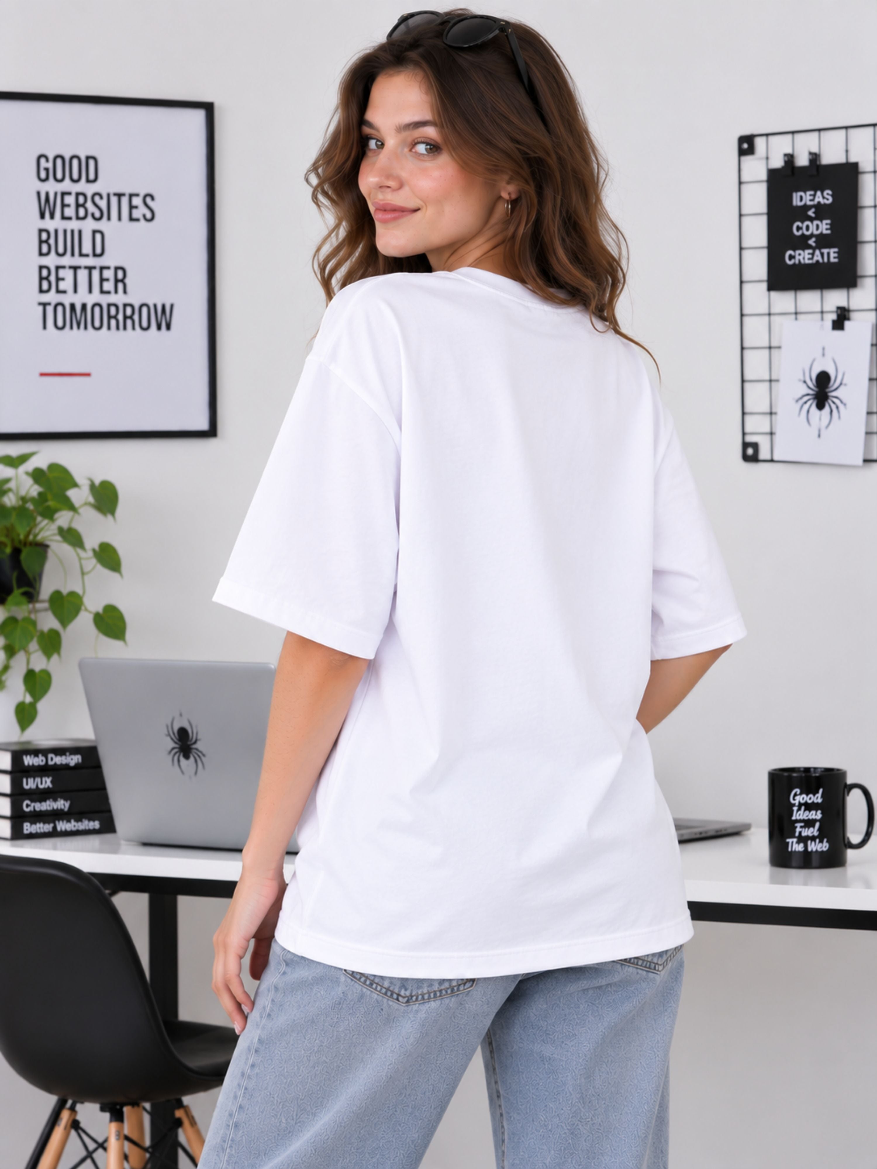 Bandar Baant Collections oversized fit white Web Designer T-Shirt For Women shown from the back