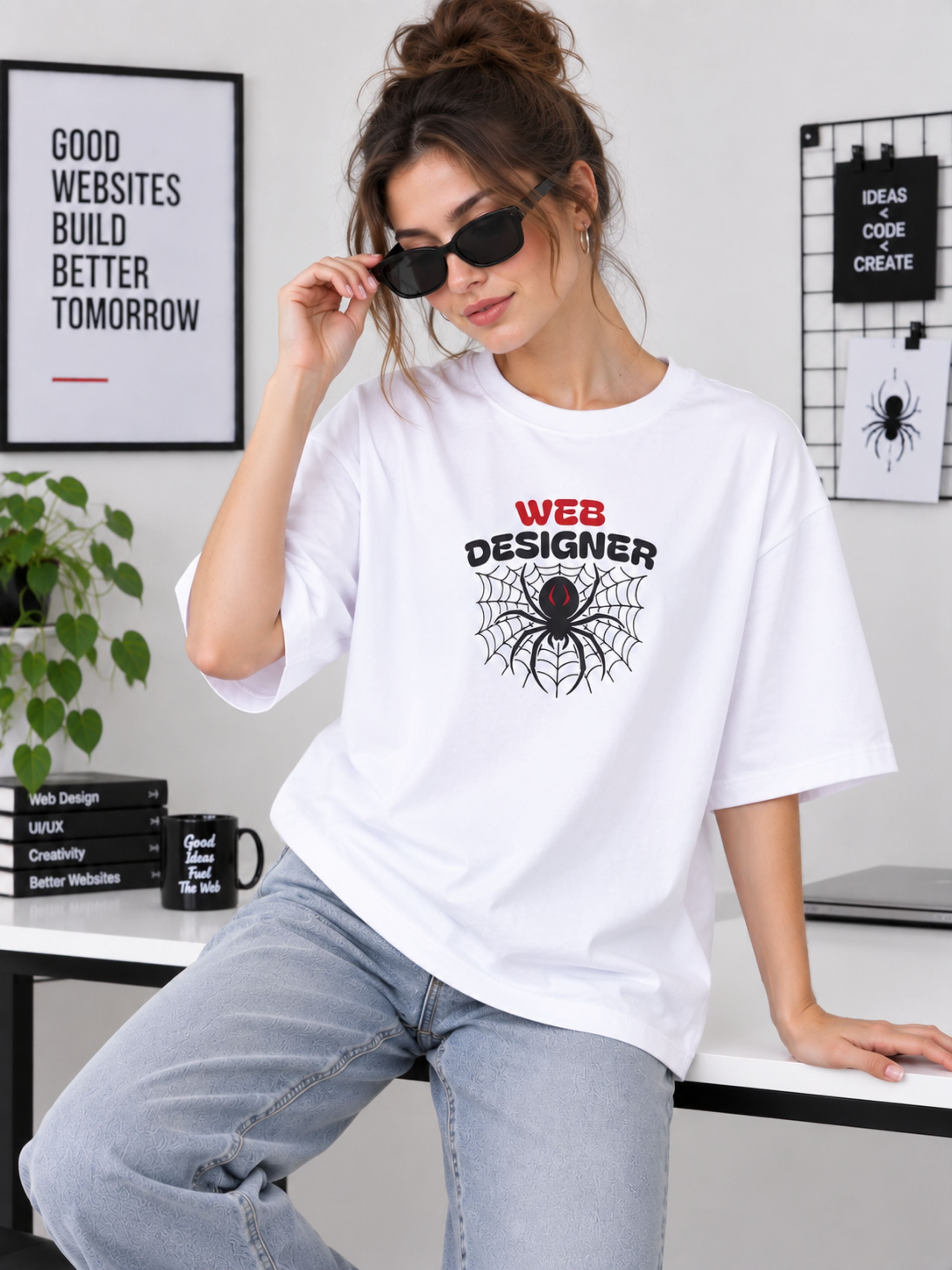 Bandar Baant Collections oversized fit Web Designer T-Shirt For Women in white with spider web graphic