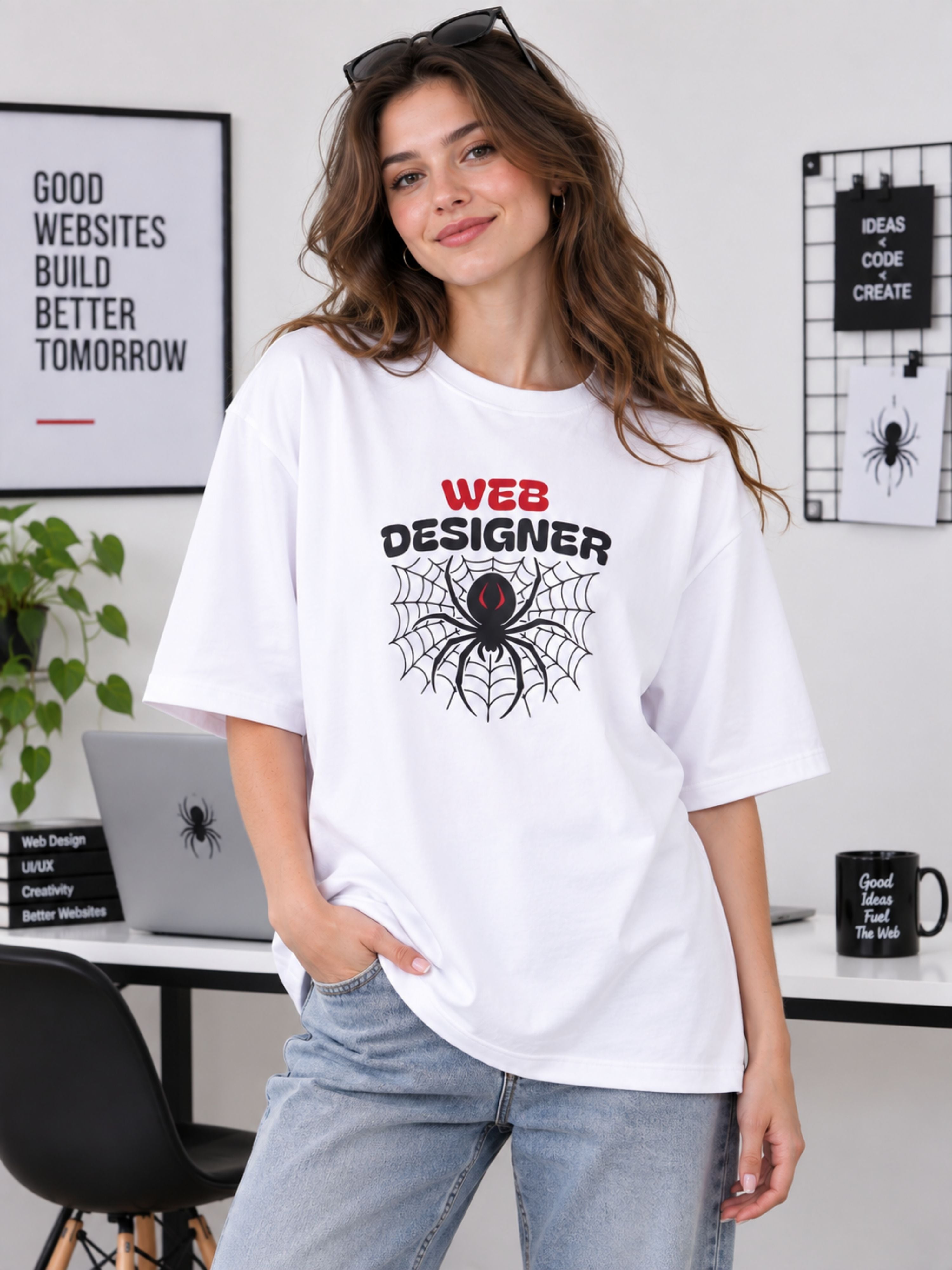 Oversized fit Web Designer T-Shirt For Women in white featuring spider web and spider design by Bandar Baant Collections