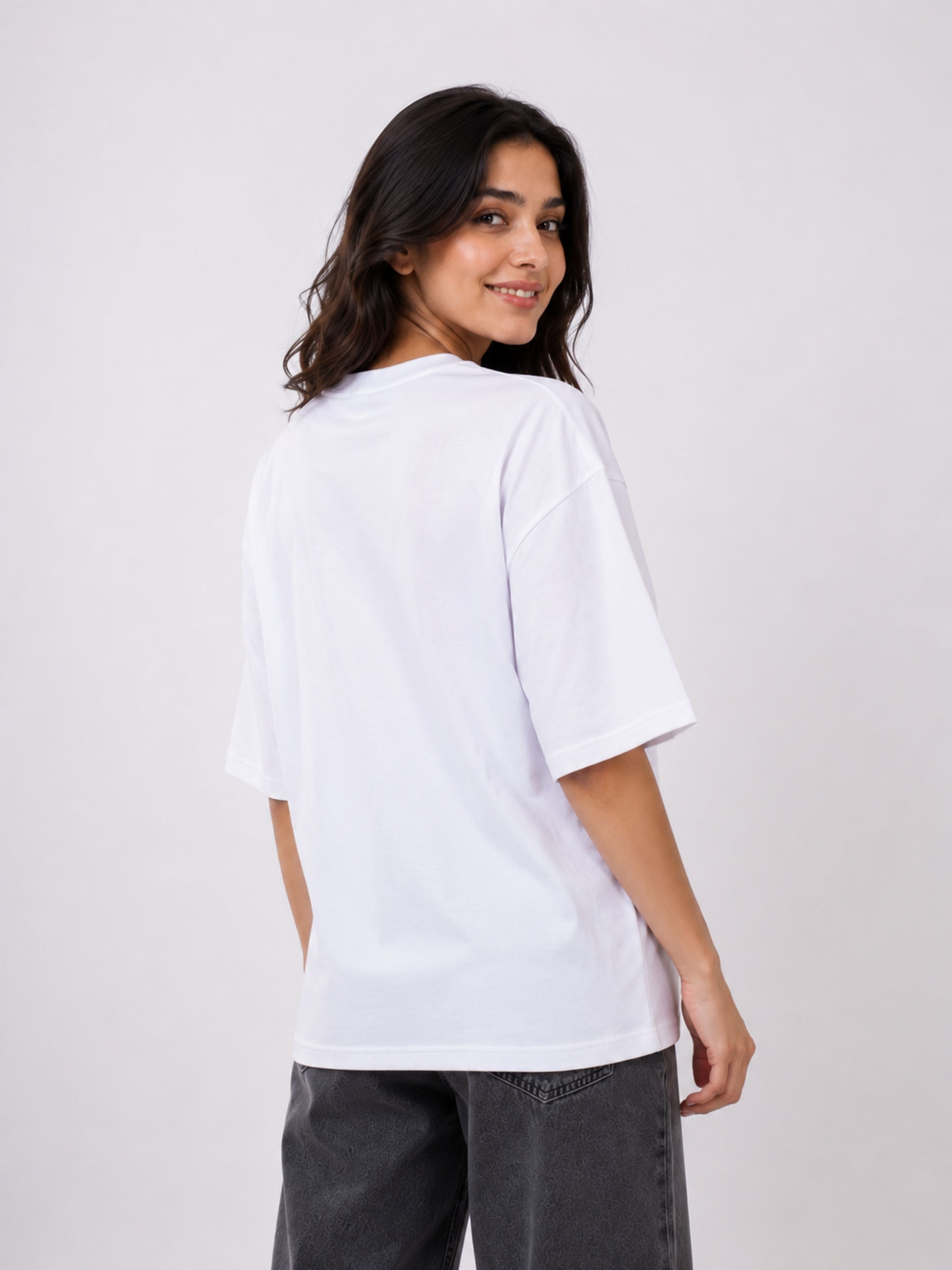 Oversized fit white T-shirt for women by Bandar Baant Collections shown from back