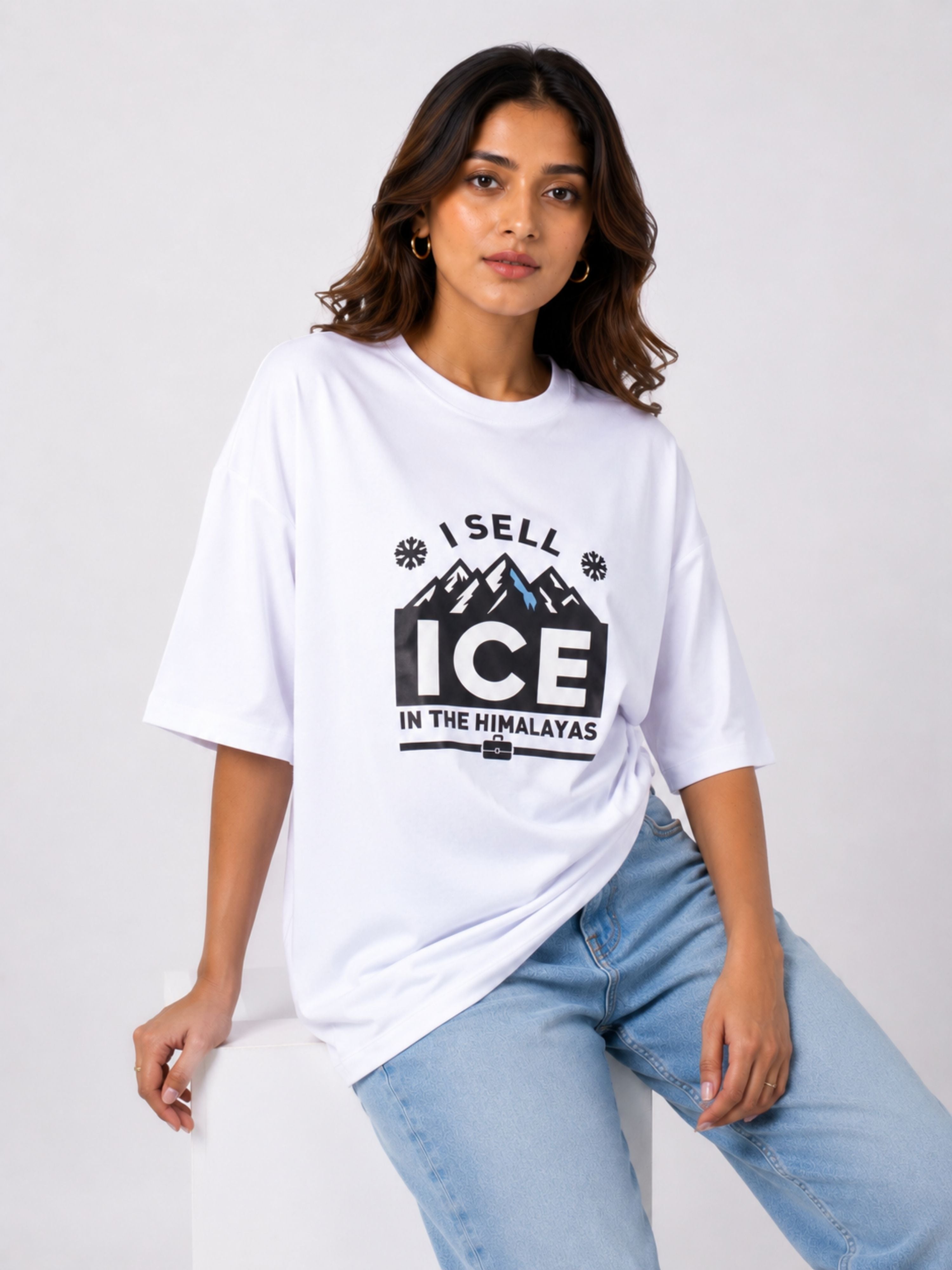 Oversized fit white T-shirt for women with I sell ice in the Himalayas graphic from Bandar Baant Collections