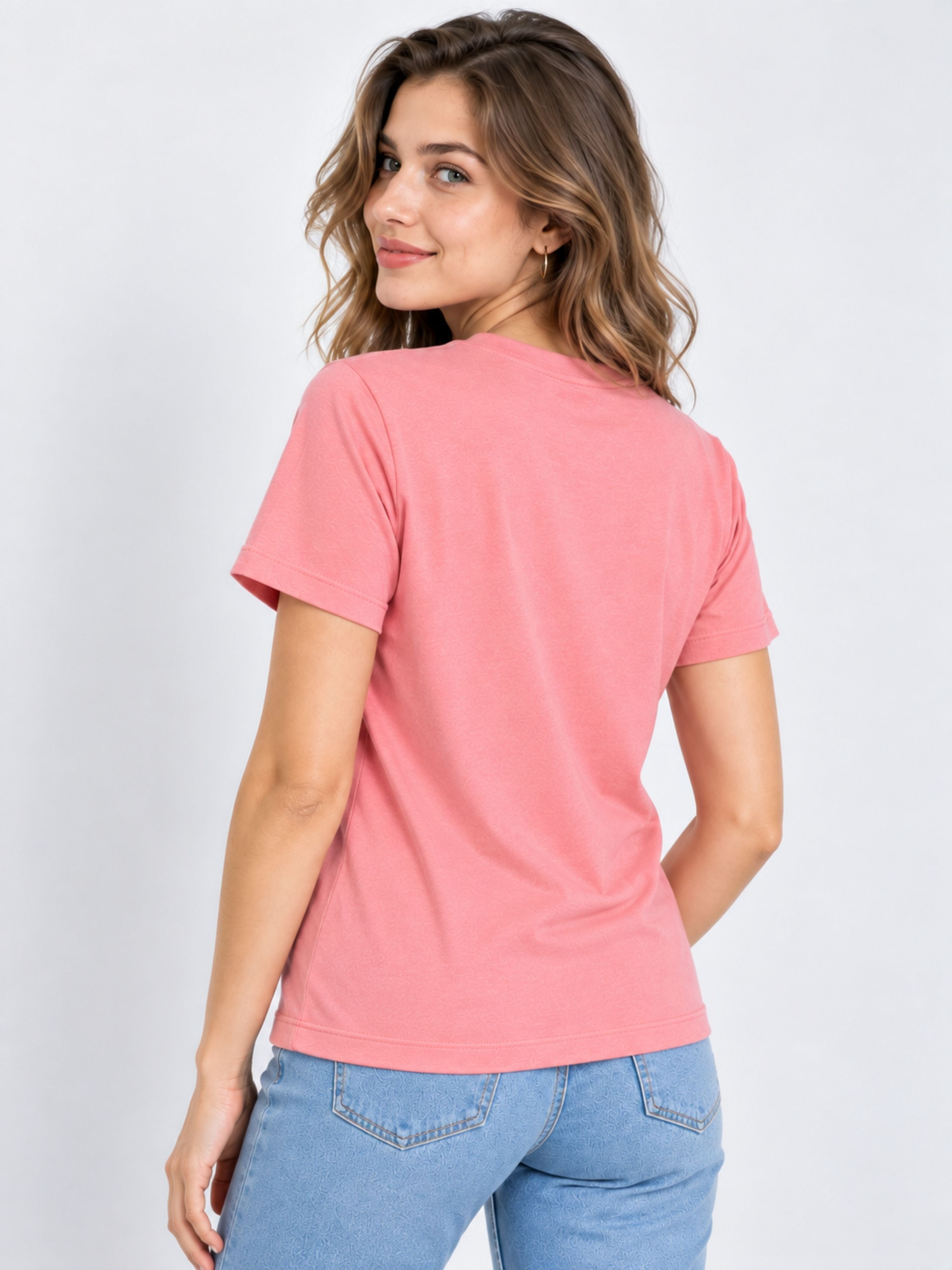 Bandar Baant Collections Regular Fit T-shirt For Women in pink shown from the back with short sleeves