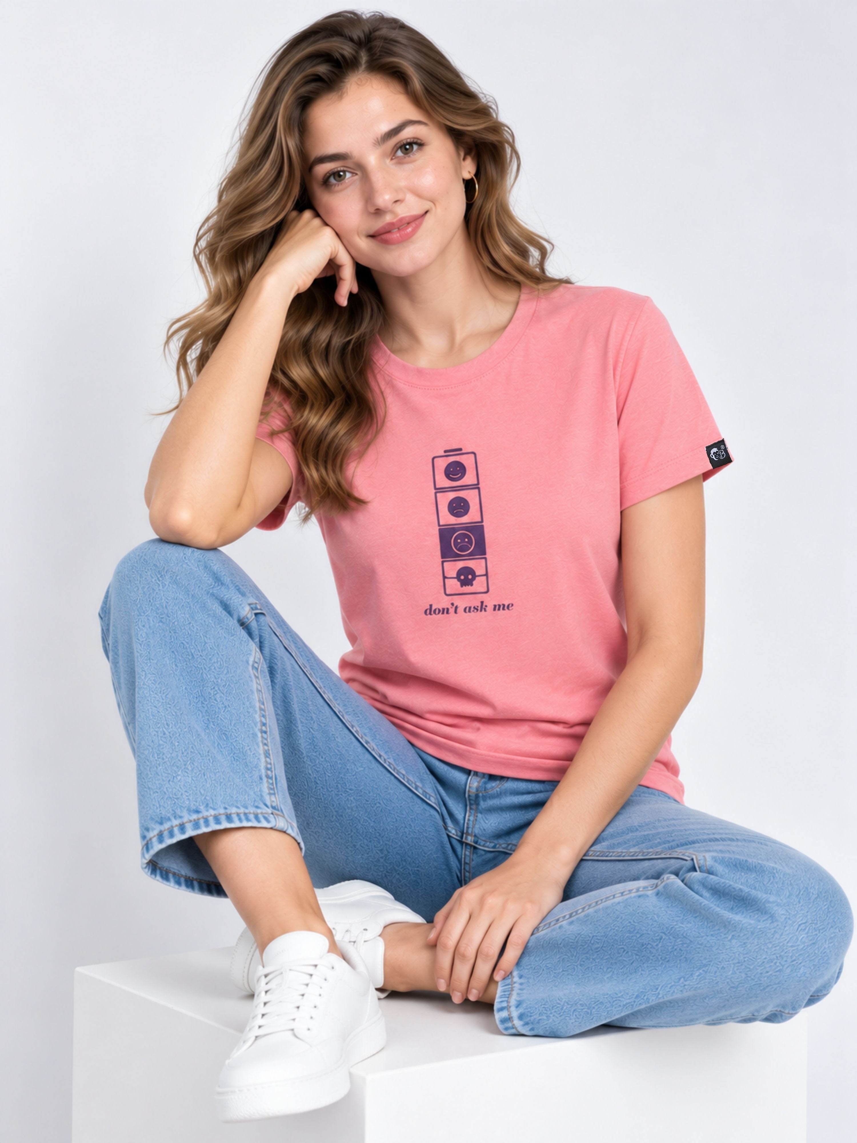Bandar Baant Collections Regular Fit T-shirt For Women in pink with graphic print modeled with blue jeans