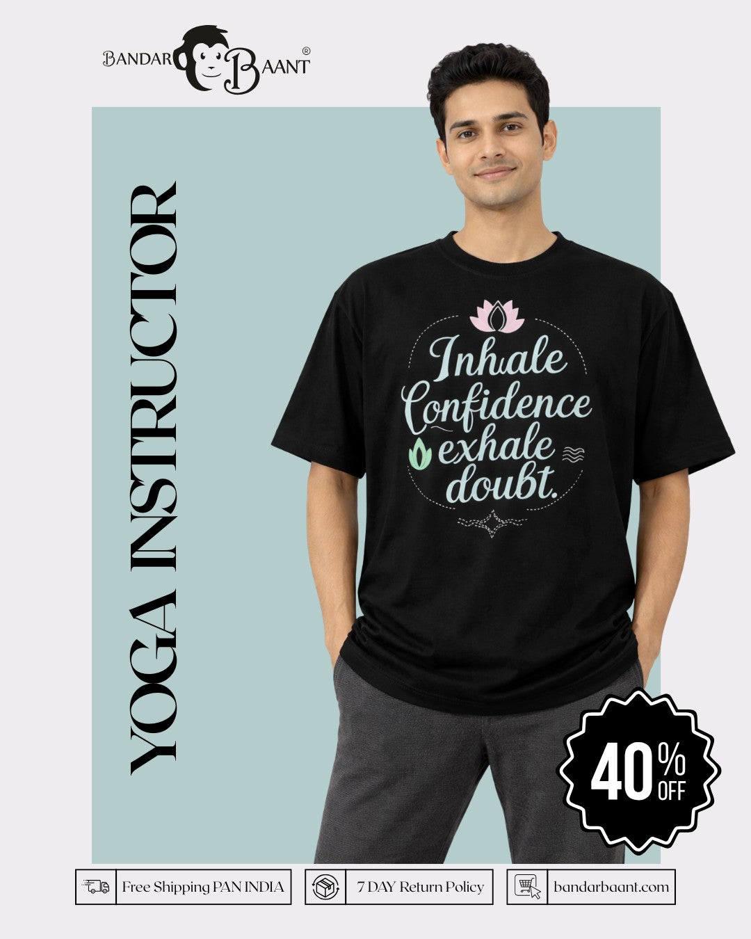Yoga Instructor Oversized Tshirt For Men in black with inspirational text inhale confidence exhale doubt