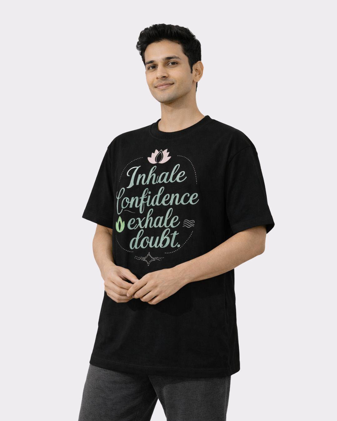 Yoga Instructor Oversized Tshirt For Men black with inhale confidence exhale doubt text from Bandar Baant Collections