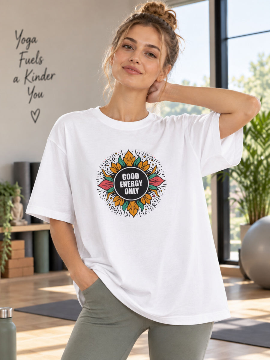 Yoga Instructor Printed T-shirt For Women oversized fit white with colorful good energy graphic