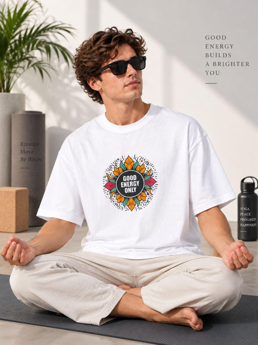 Oversized fit Yoga Instructor Printed Tshirt For Men in white with colorful sunflower design from Bandar Baant Collections