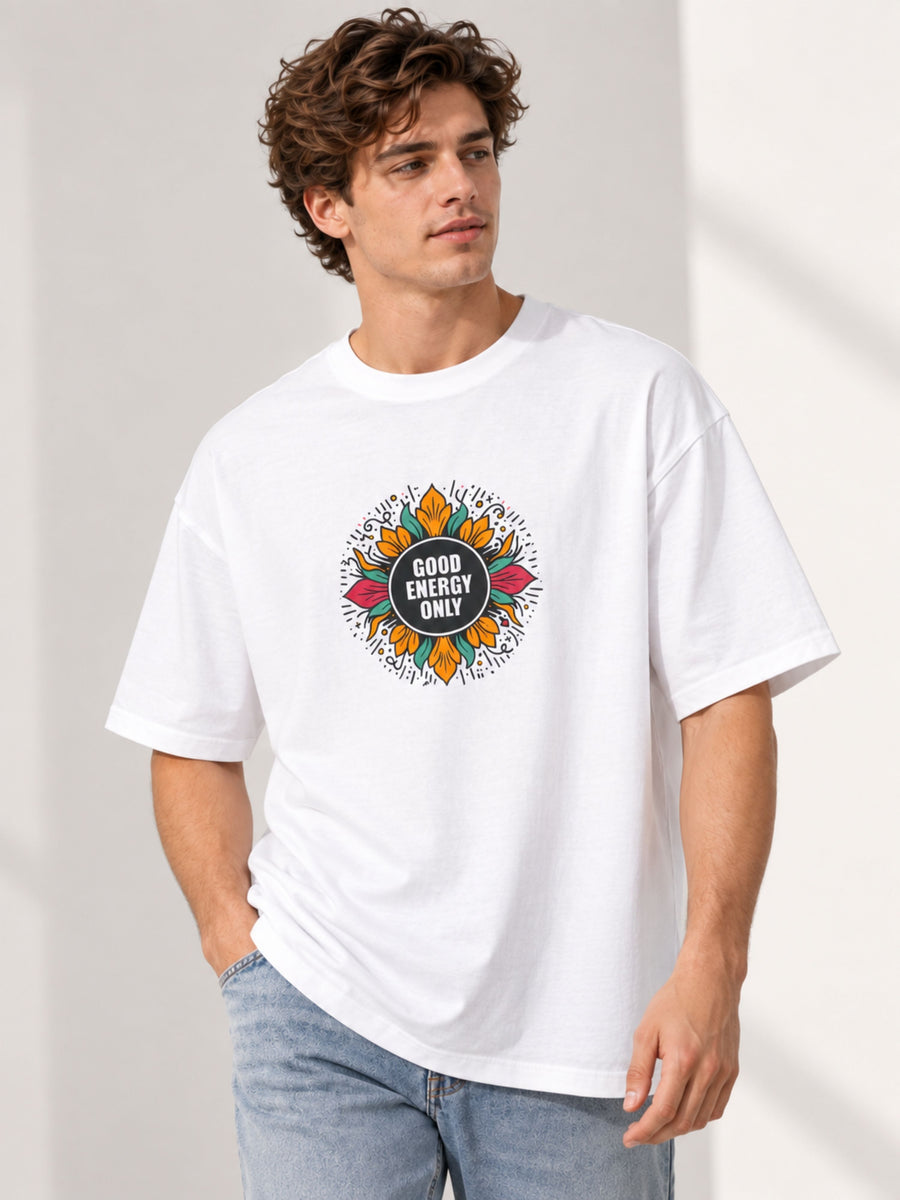 White oversized fit Tshirt with colorful yoga instructor printed Tshirt for men design and good energy only text