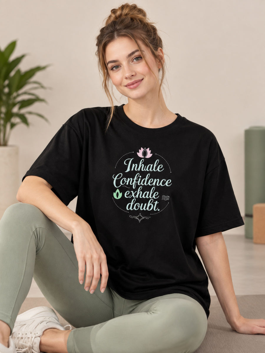 Yoga Instructor T-shirt For Women oversized fit black tee with inspirational quote sitting casually