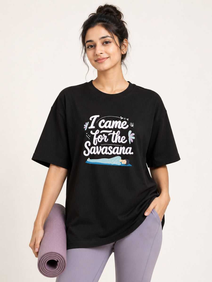 Bandar Baant Collections oversized fit black Yoga Instructor T-shirt For Women with Savasana print holding yoga mat