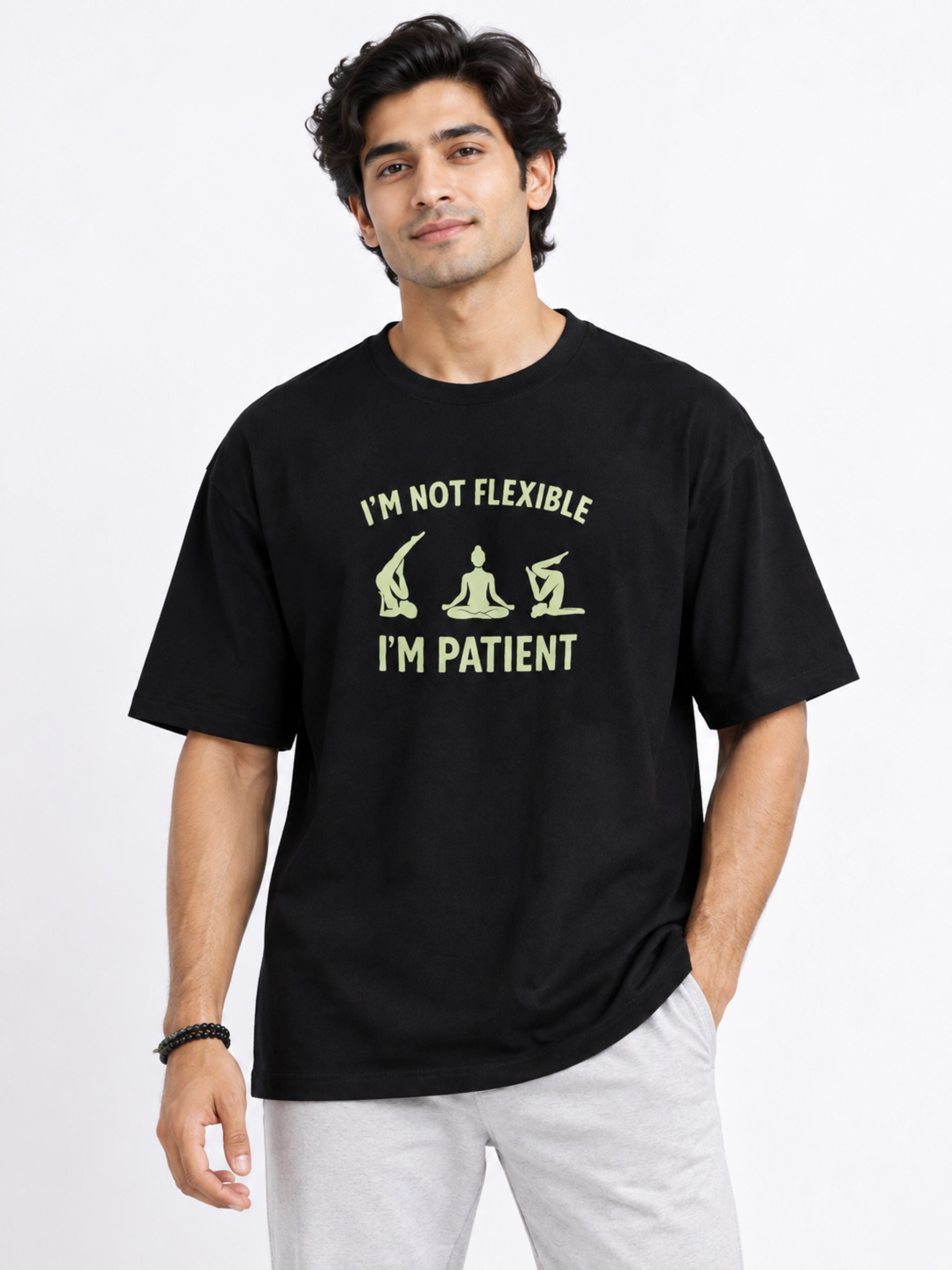 Black oversized fit Yoga Instructor Tshirt For Men with humorous text and yoga poses graphic
