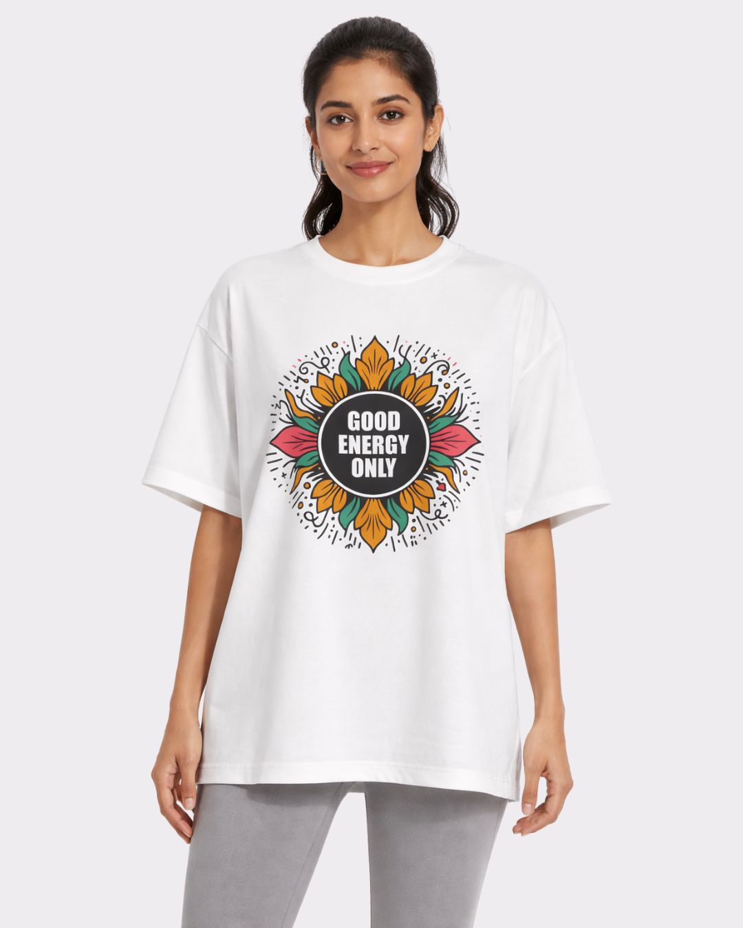 Yoga Oversized Printed T-shirt For Women in white with colorful mandala and Good Energy Only text