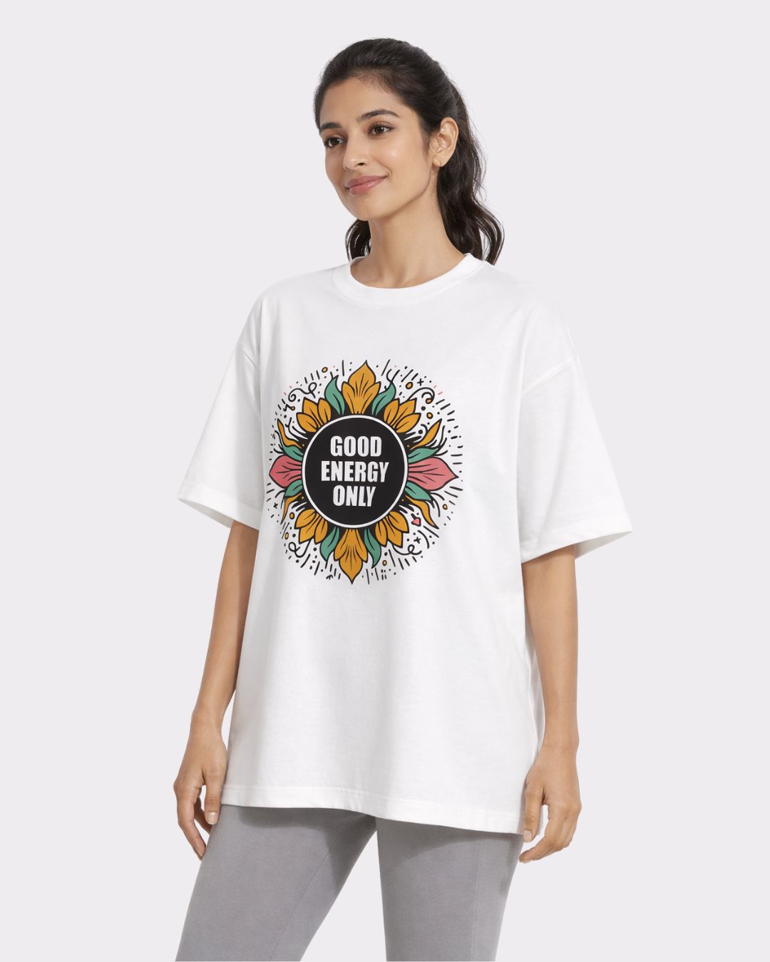 Yoga Oversized Printed T-shirt For Women in white with colorful good energy only design from Bandar Baant Collections
