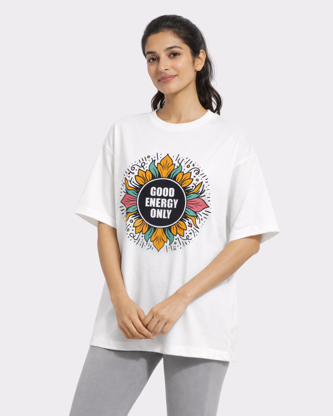 Yoga Oversized Printed T-shirt For Women in white with colorful Good Energy Only graphic print