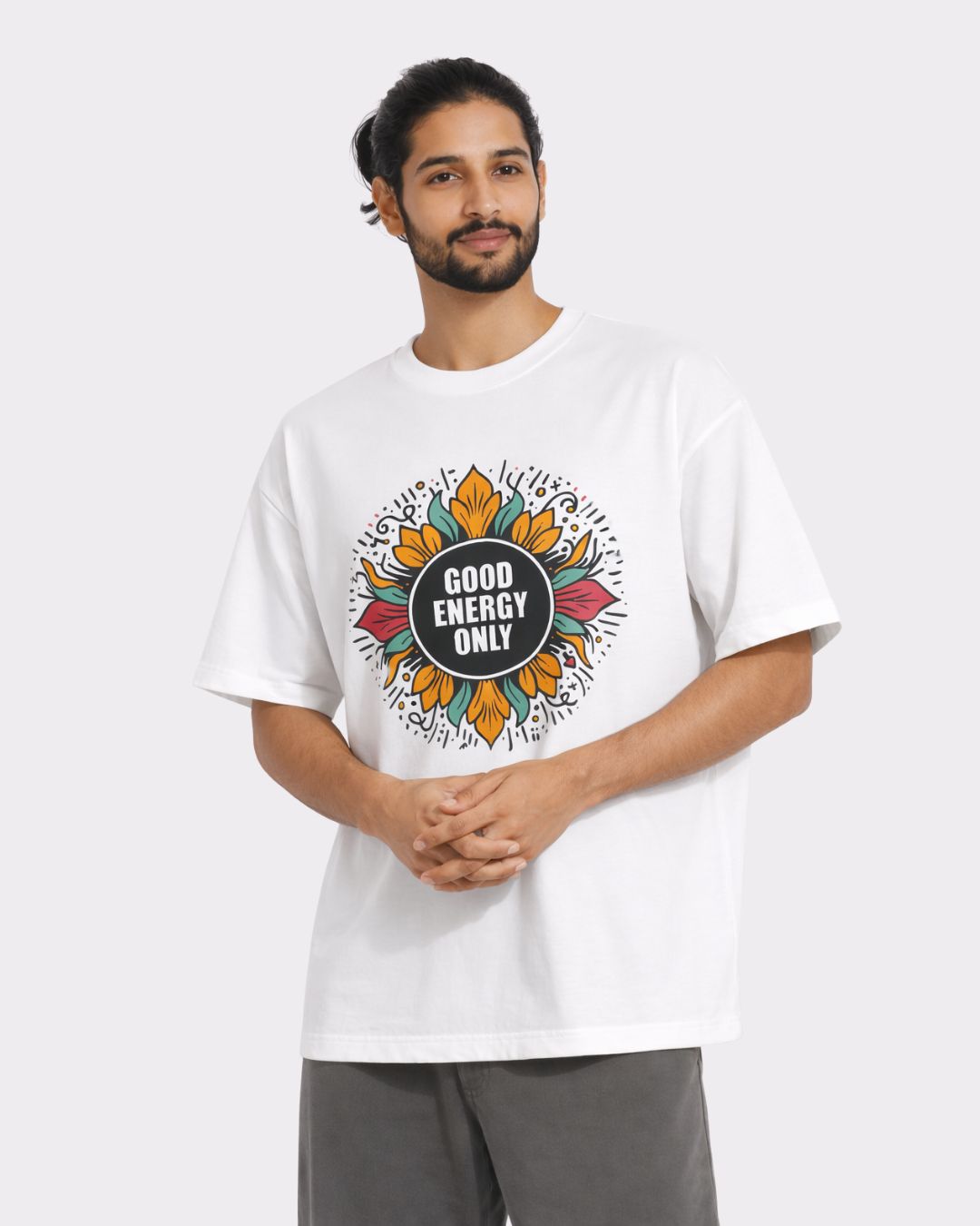 Yoga Oversized Printed Tshirt For Men in white with Good Energy Only graphic design by Bandar Baant Collections