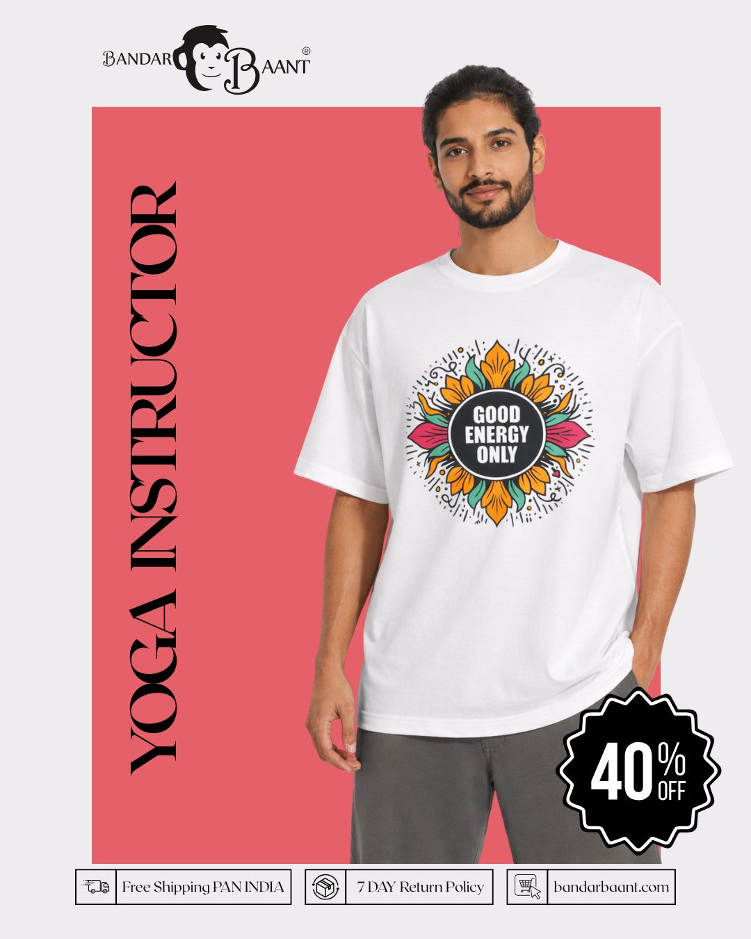 Yoga Oversized Printed Tshirt For Men by Bandar Baant Collections with Good Energy Only design