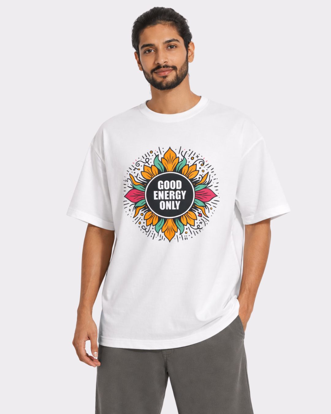Yoga Oversized Printed Tshirt For Men in white with colorful Good Energy Only graphic print by Bandar Baant Collections