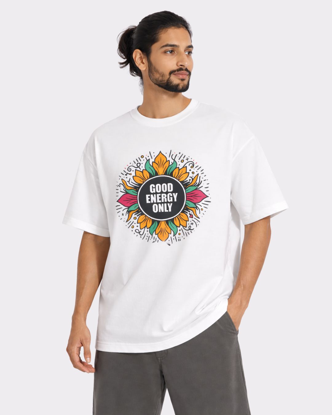 Yoga Oversized Printed Tshirt For Men in white with colorful good energy print from Bandar Baant Collections