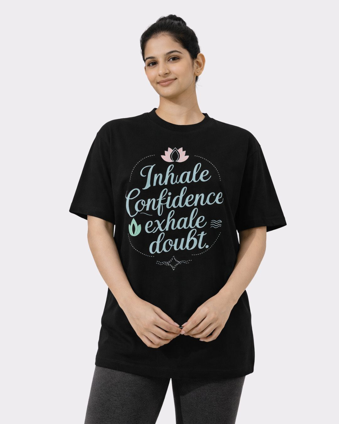 Yoga Oversized T-shirt For Women in black with inspirational text inhale confidence exhale doubt