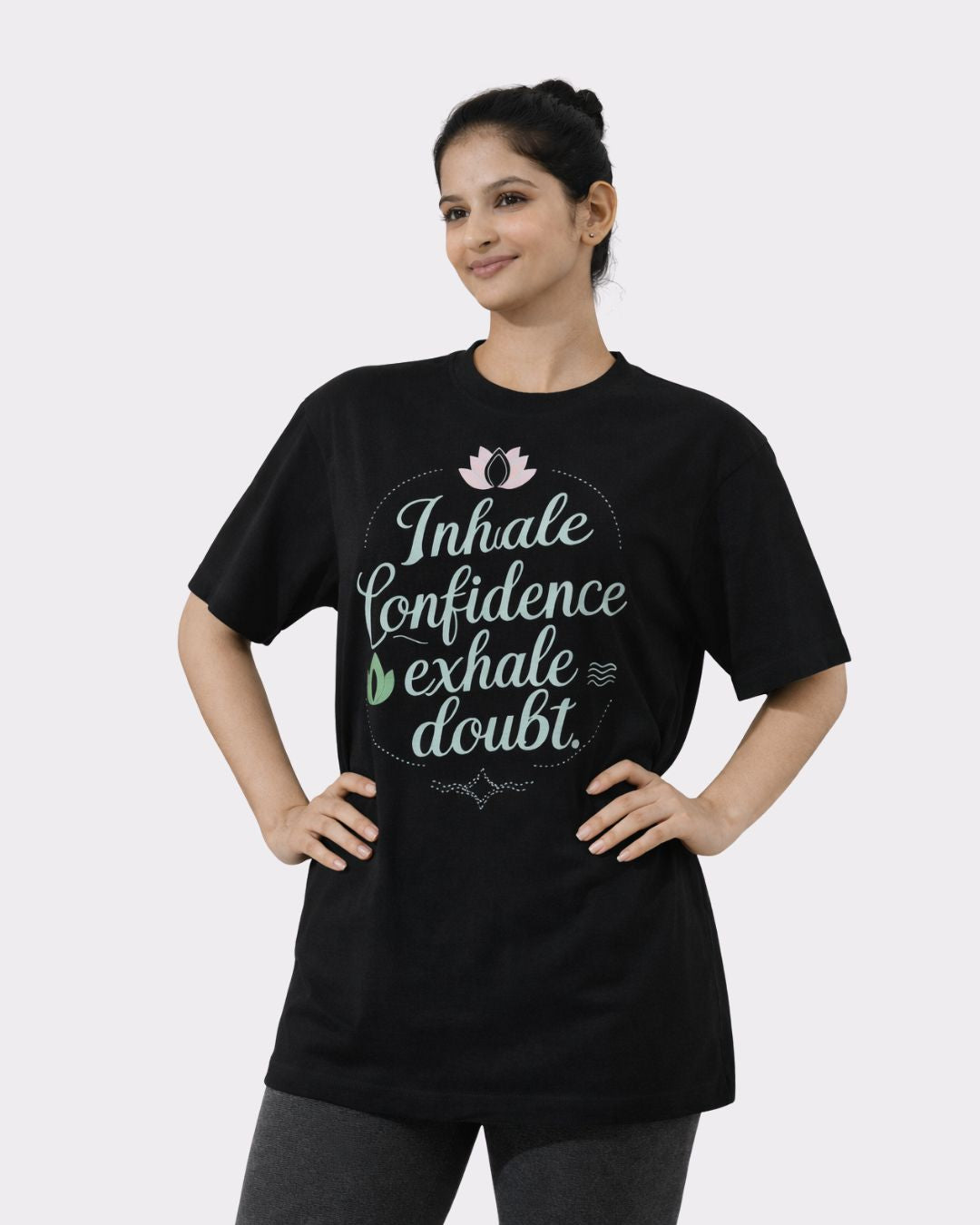 Yoga Oversized T-shirt For Women in black with motivational text inhale confidence exhale doubt