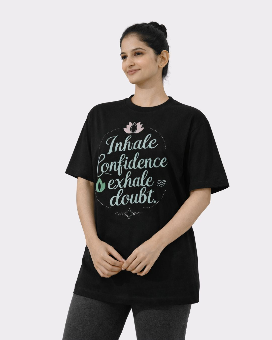 Black Yoga Oversized T-shirt For Women with motivational quote Inhale Confidence Exhale Doubt