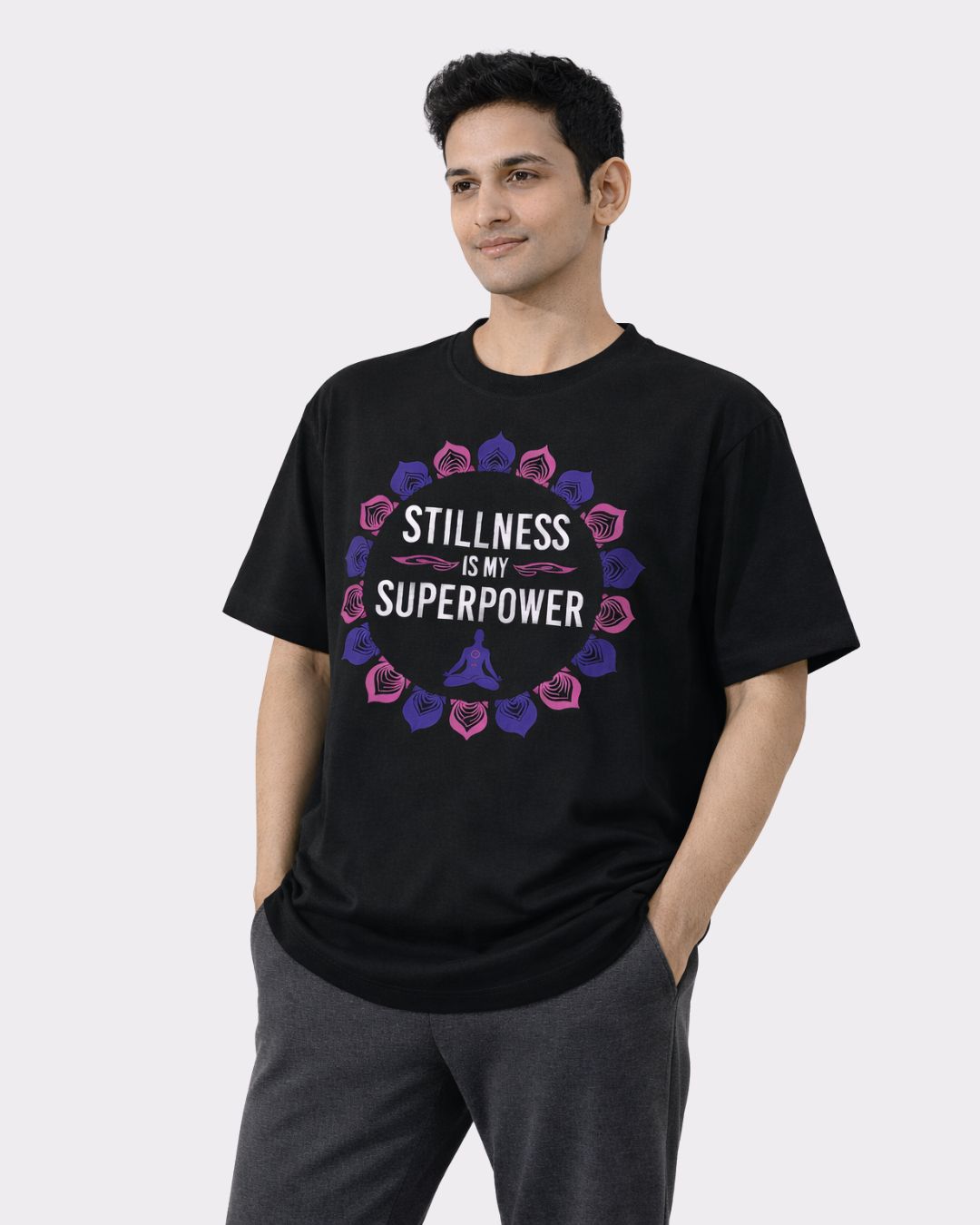 Yoga Oversized Tendy Tshirt For Men in black with stillness is my superpower design by Bandar Baant Collections