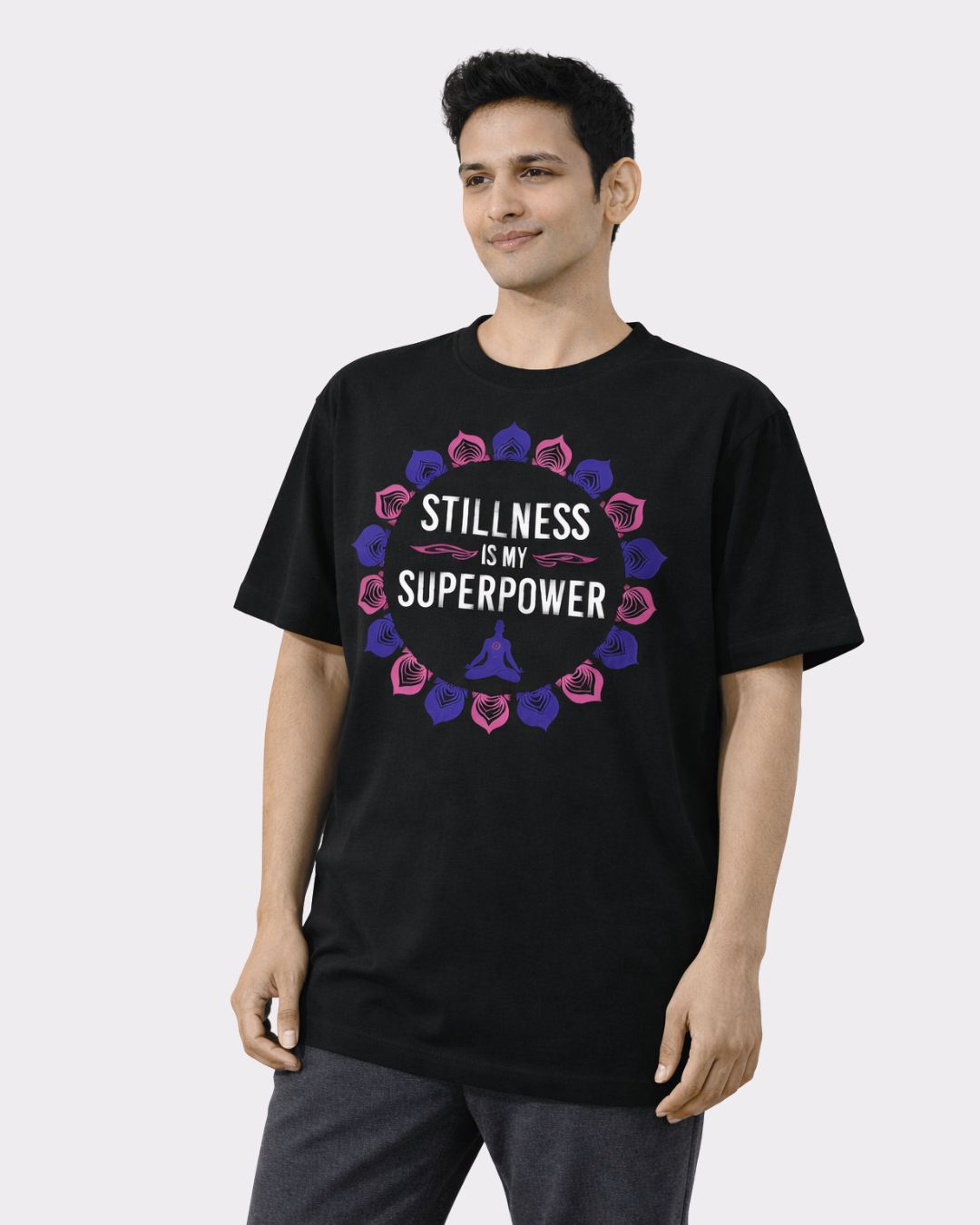 Black Yoga Oversized Tendy Tshirt For Men with Stillness is My Superpower graphic from Bandar Baant Collections