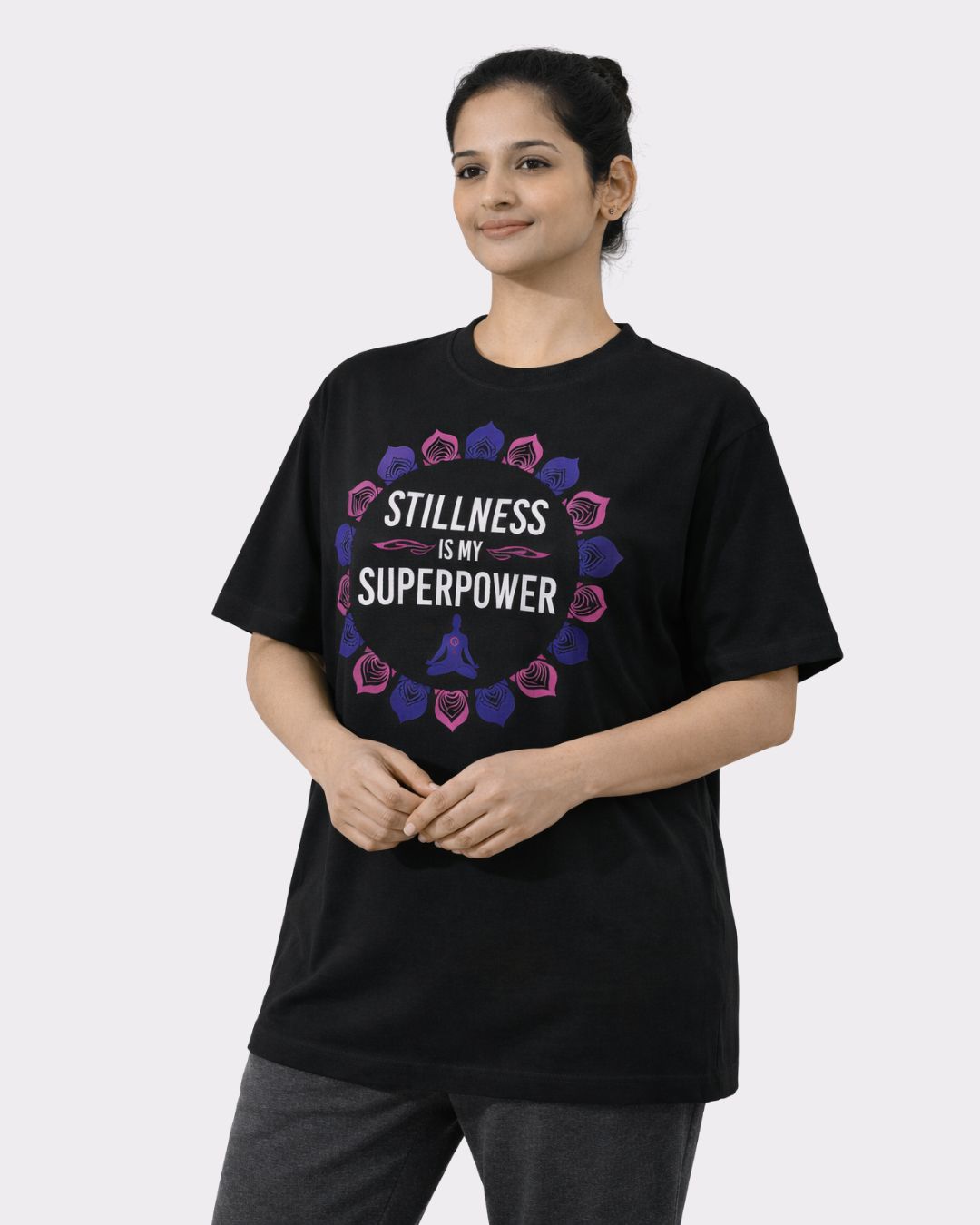 Yoga Oversized Trendy T-shirt For Women black with stillness is my superpower print by Bandar Baant Collections