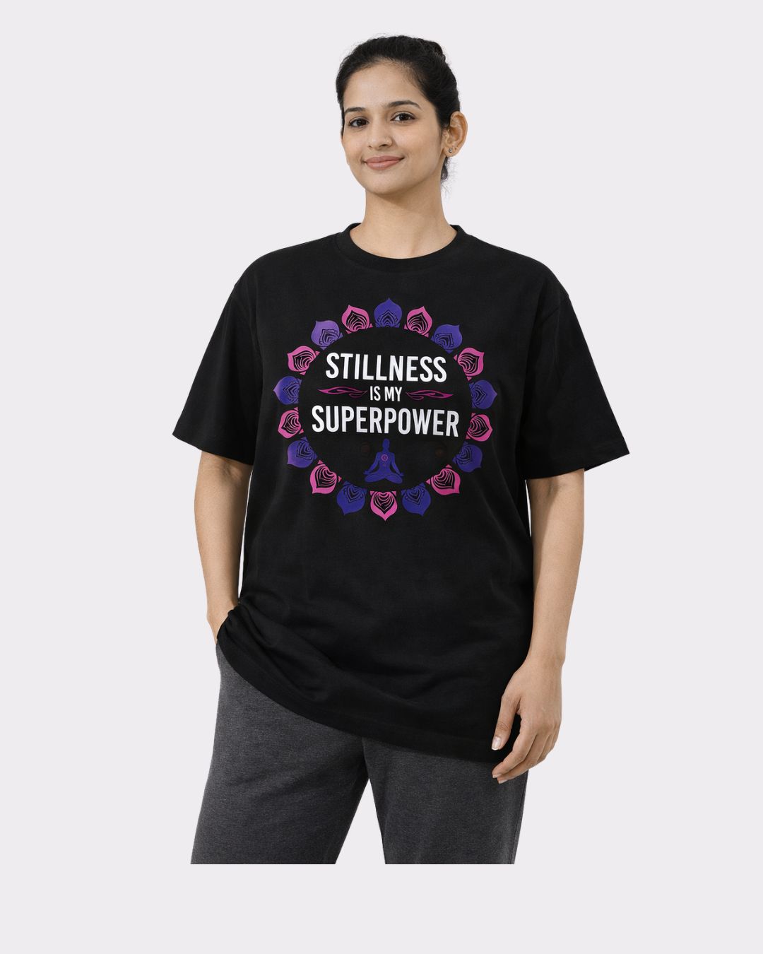 Yoga Oversized Trendy T-shirt For Women in black with stillness is my superpower graphic from Bandar Baant Collections