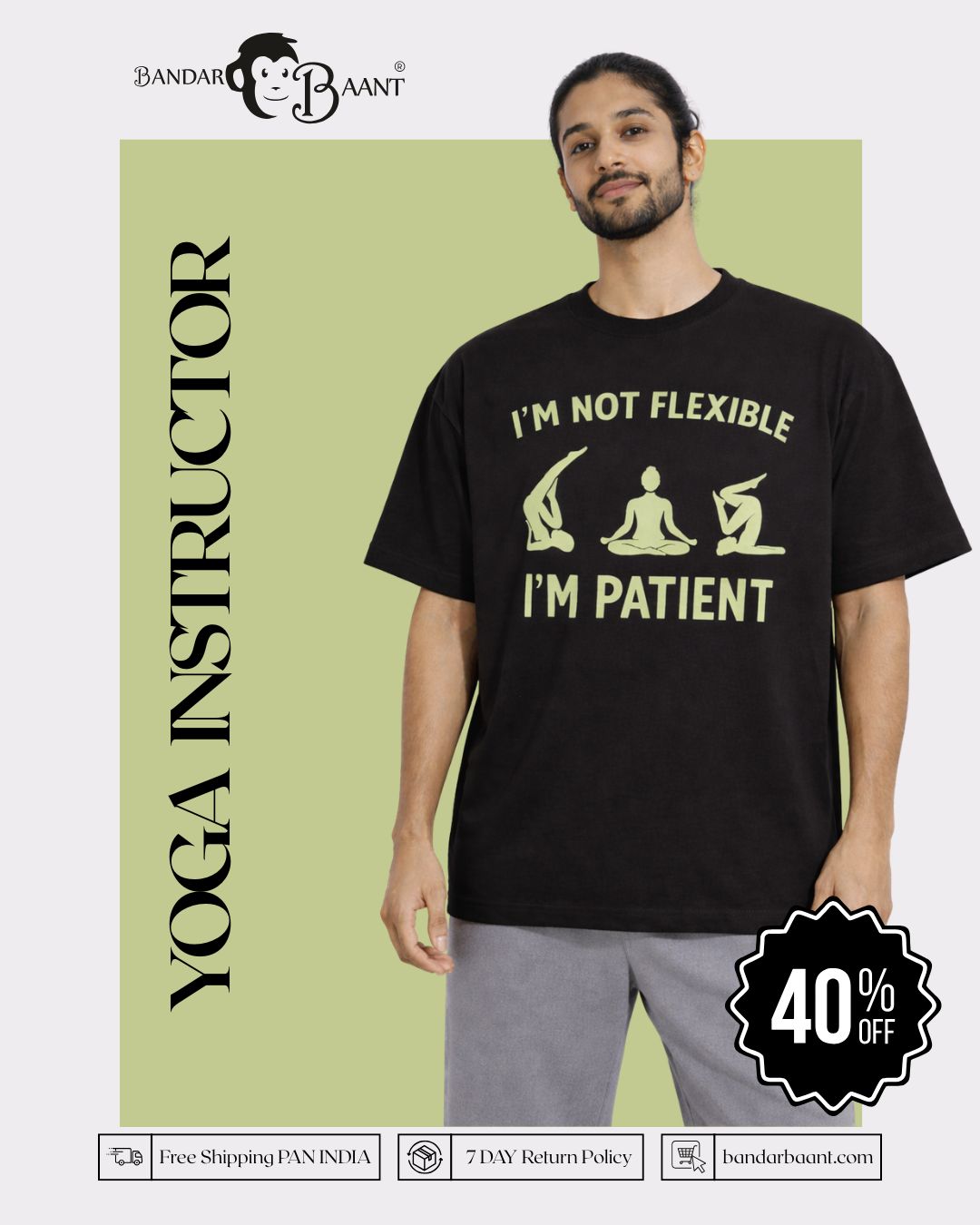 Yoga Oversized Tshirt For Men by Bandar Baant Collections black with yoga instructor print and relaxed fit