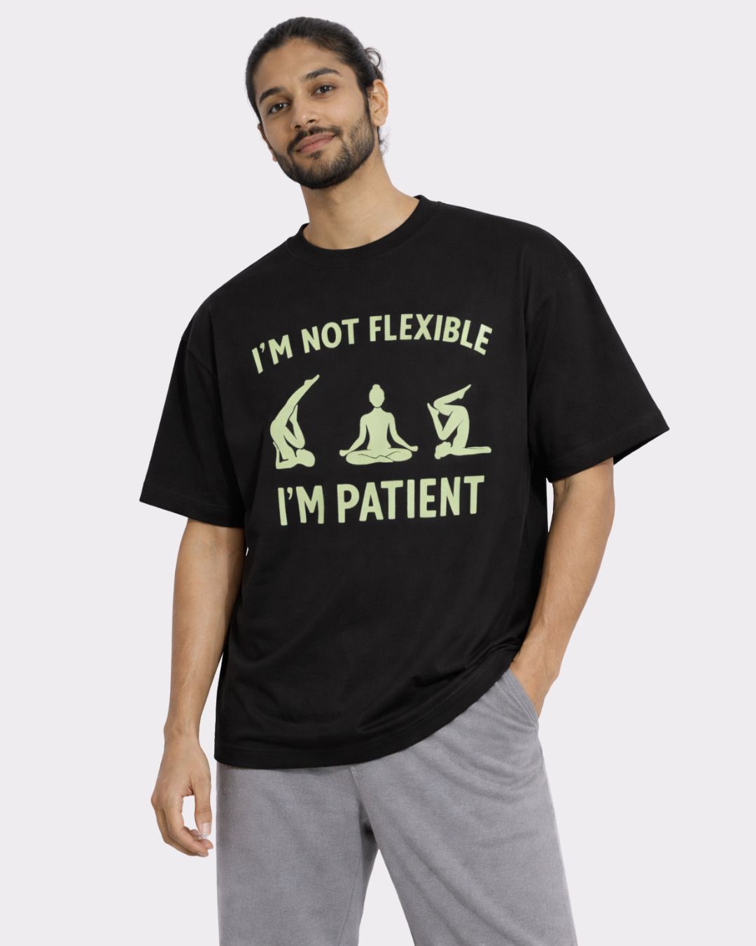 Yoga Oversized Tshirt For Men in black with I m Not Flexible I m Patient graphic from Bandar Baant Collections